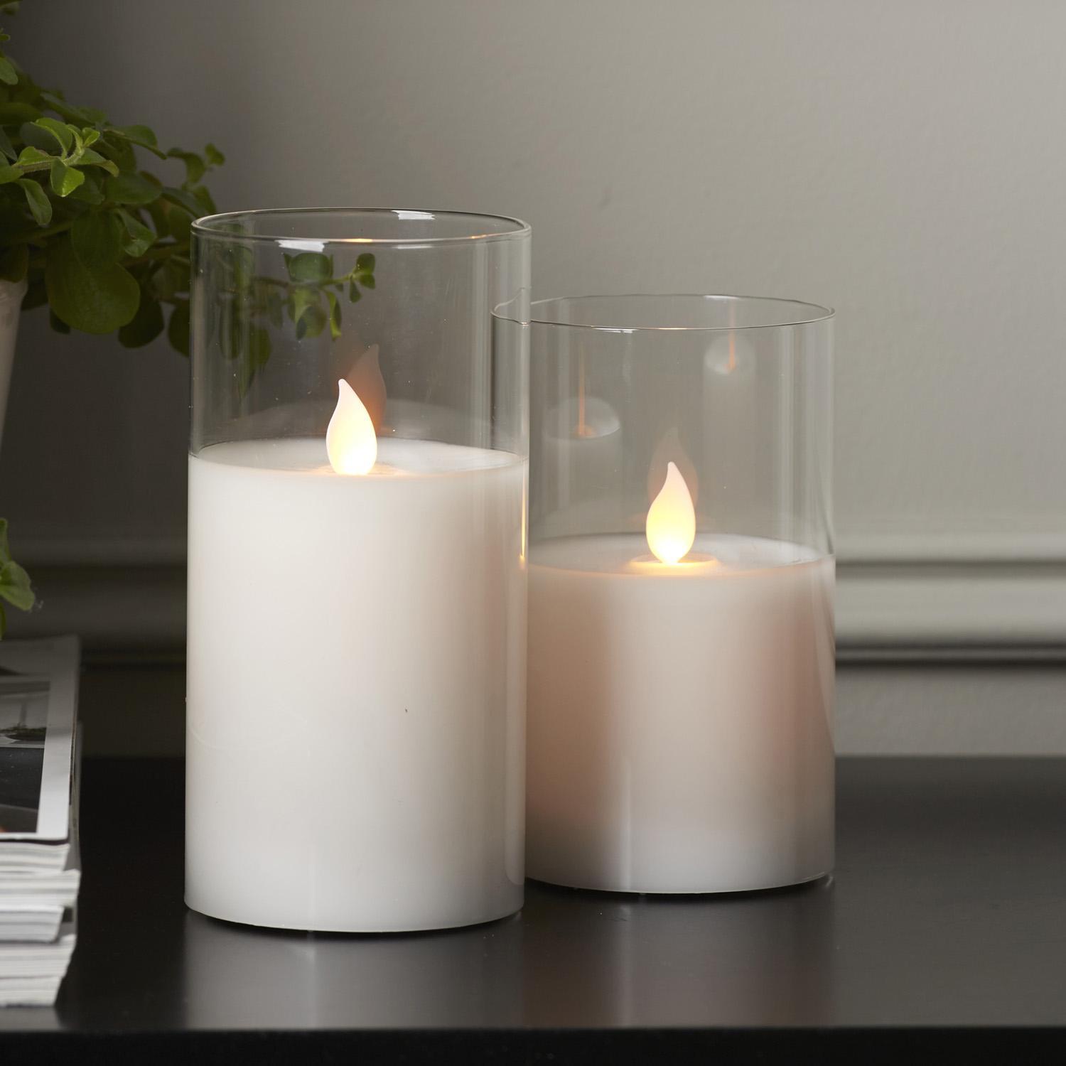 Свеча светильник LED столбик d7,5х12,5см мерцающая белая в прозрачной колбе батарейки 2хАА 6ч таймер выключатель indoor