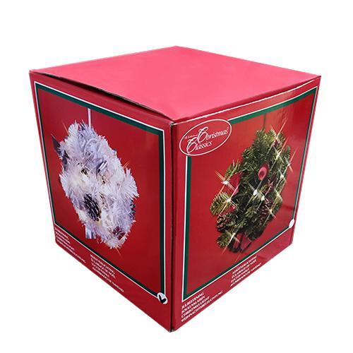 Декор Шар еловый d18см белый с огнями 20 ламп и шишками кабель белый