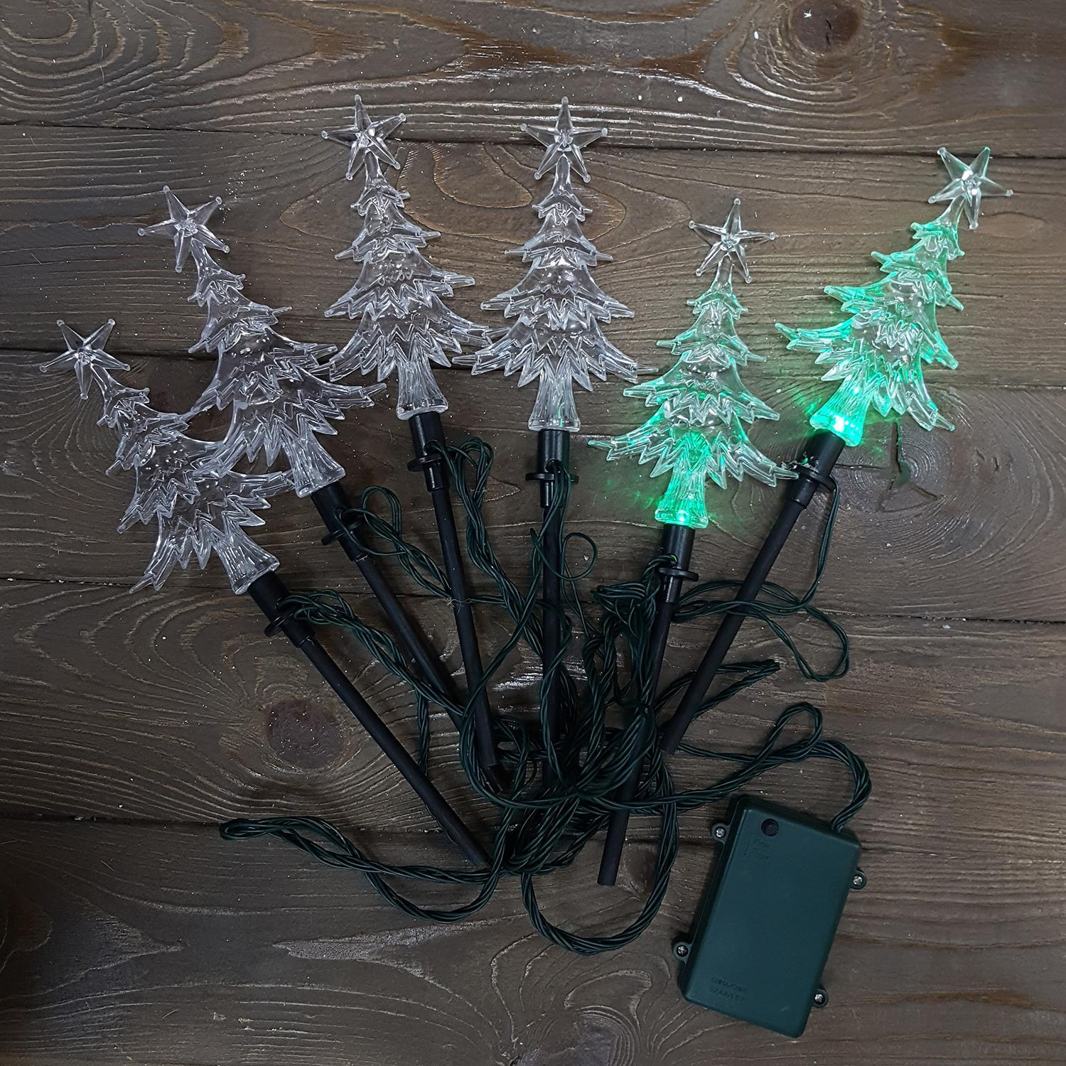 Светильник для сада Елочки 13см  + штыри 24см кабель 7-жильный зеленый 3,67м на батарейках 3хАА 6/18ч таймер 6LED outdoor 6шт/уп