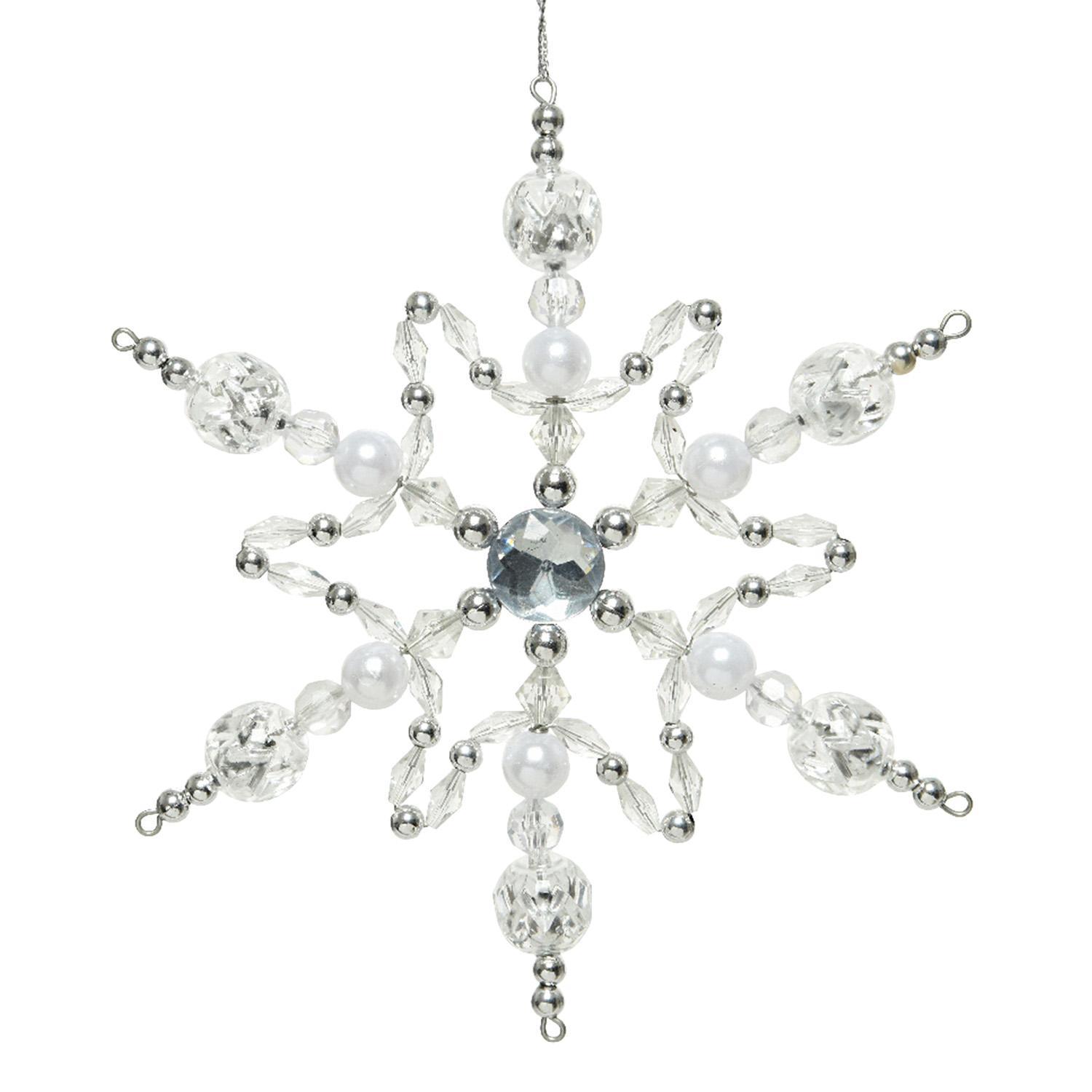 Декор Снежинка из бусин бело-серебристая d16см