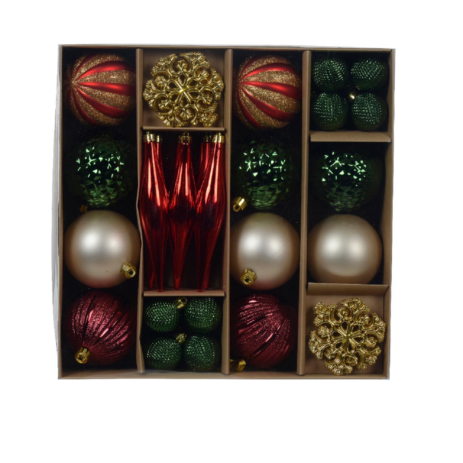 Набор елочных игрушек красные/зеленые/золотистые   фигурки и шары d8см 46шт/уп
