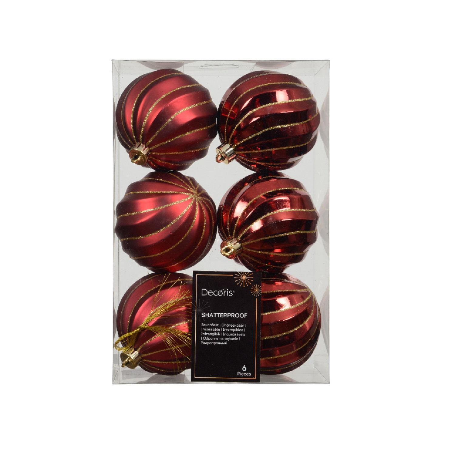Шар бордовый с золотистыми линиями глянцевый/матовый d8см 6шт/уп