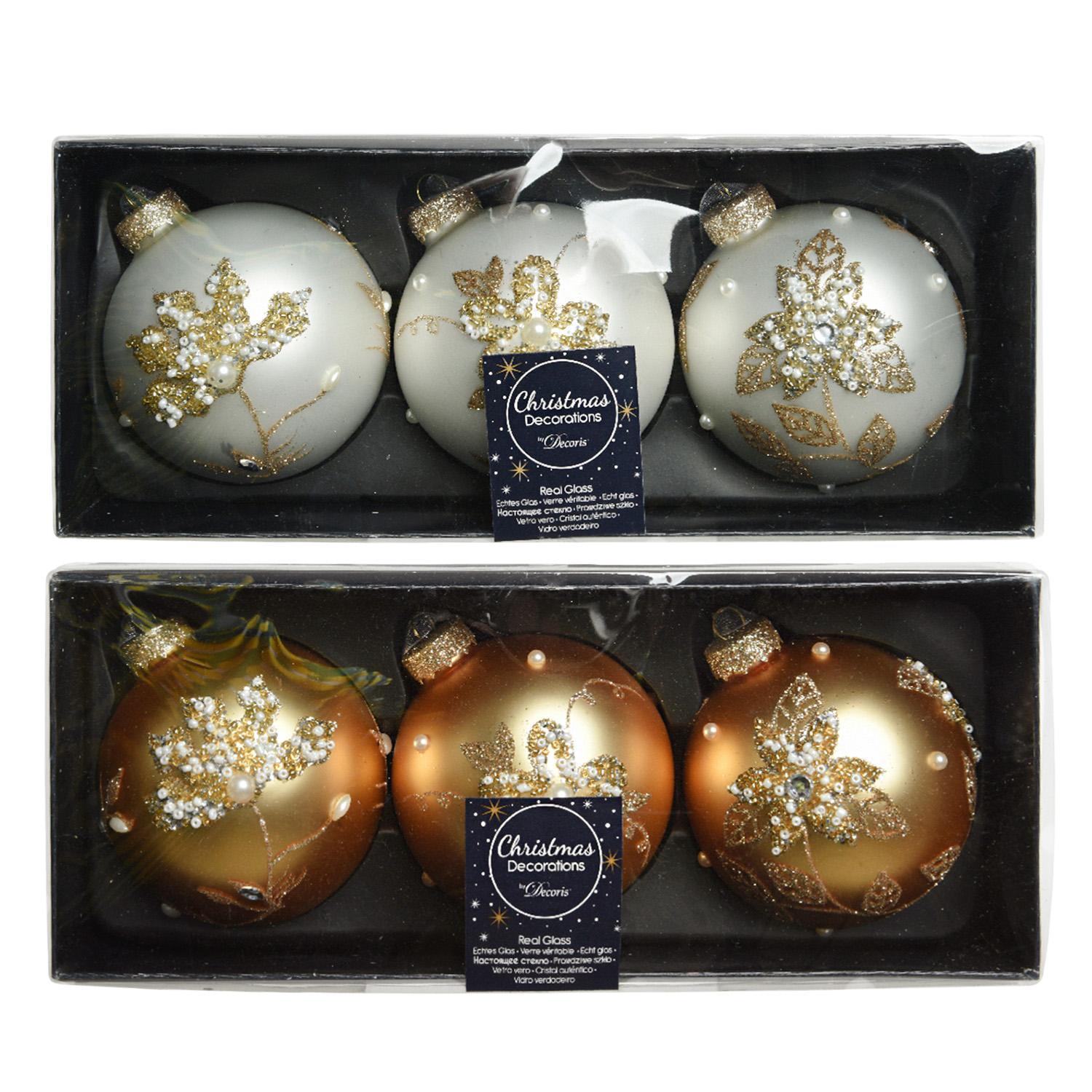 Шар стекло золотой/белый с цветами d8см 3шт/уп  2 в ассорт