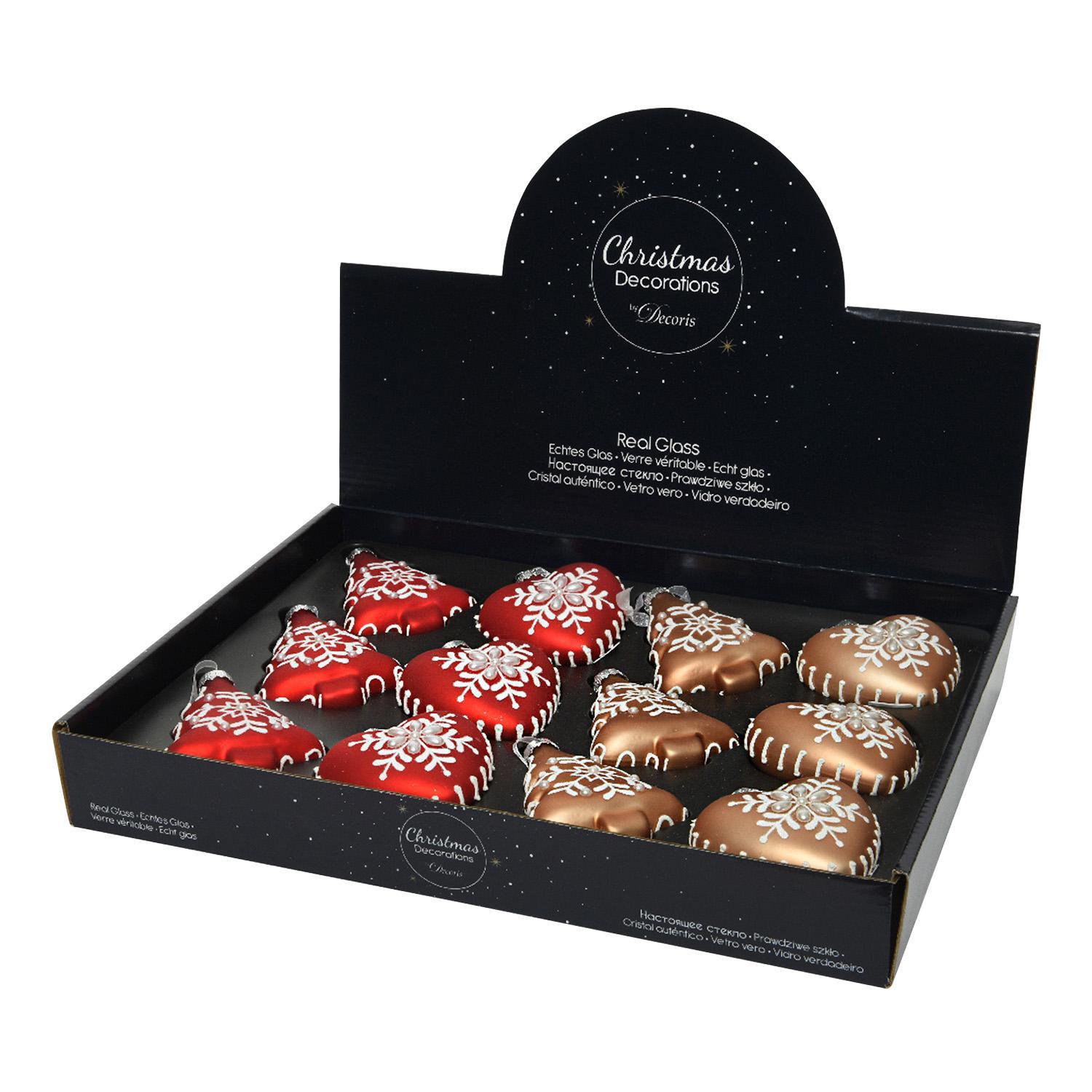 Декор Елочка/Сердце стекло красный/золотистый 8см 4 в ассорт