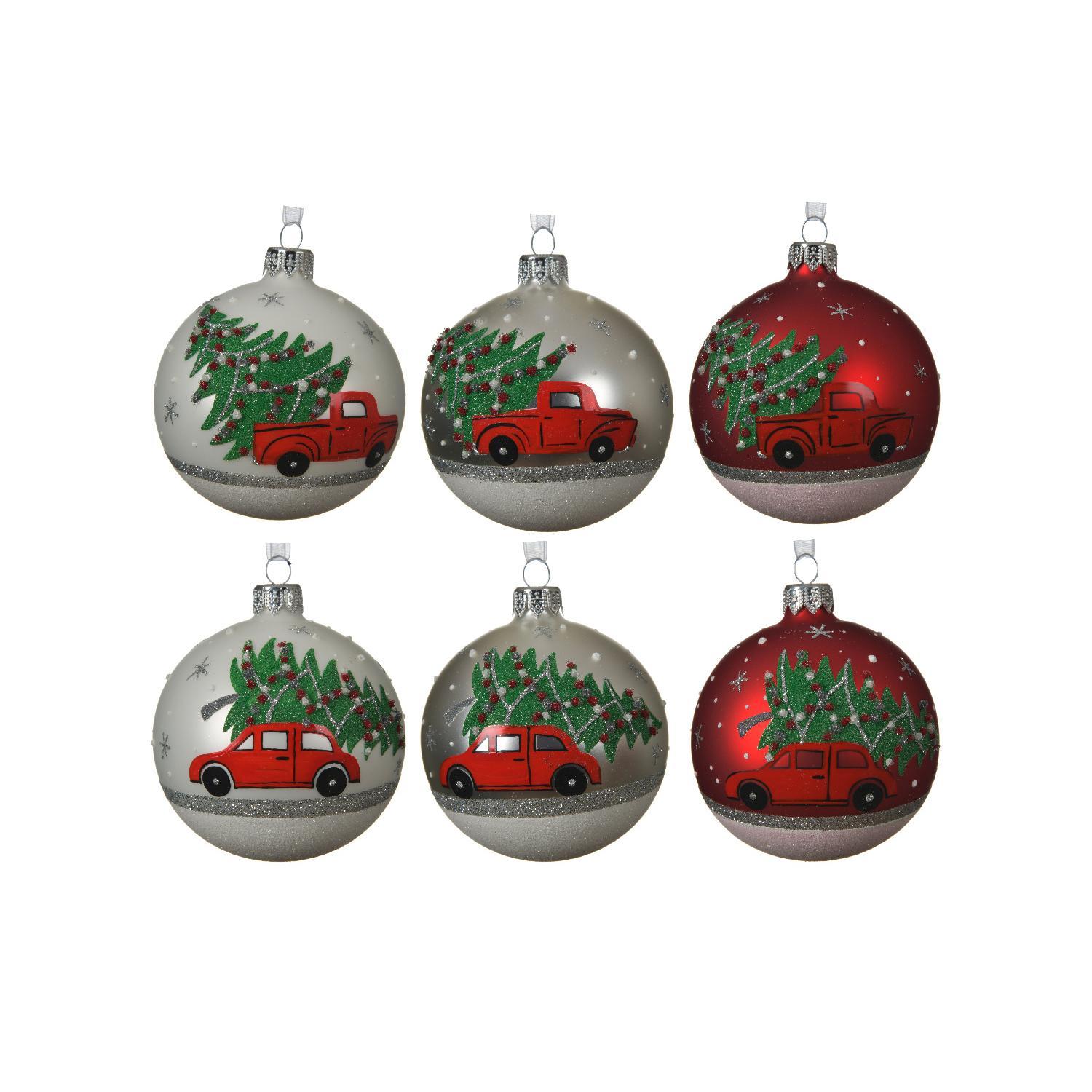Шар стекло Машина с ёлкой серебристый/красный матовый d8см 6 в ассорт