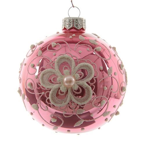 Шар стекло розовый глянцевый с белым узором d8см 6шт/уп