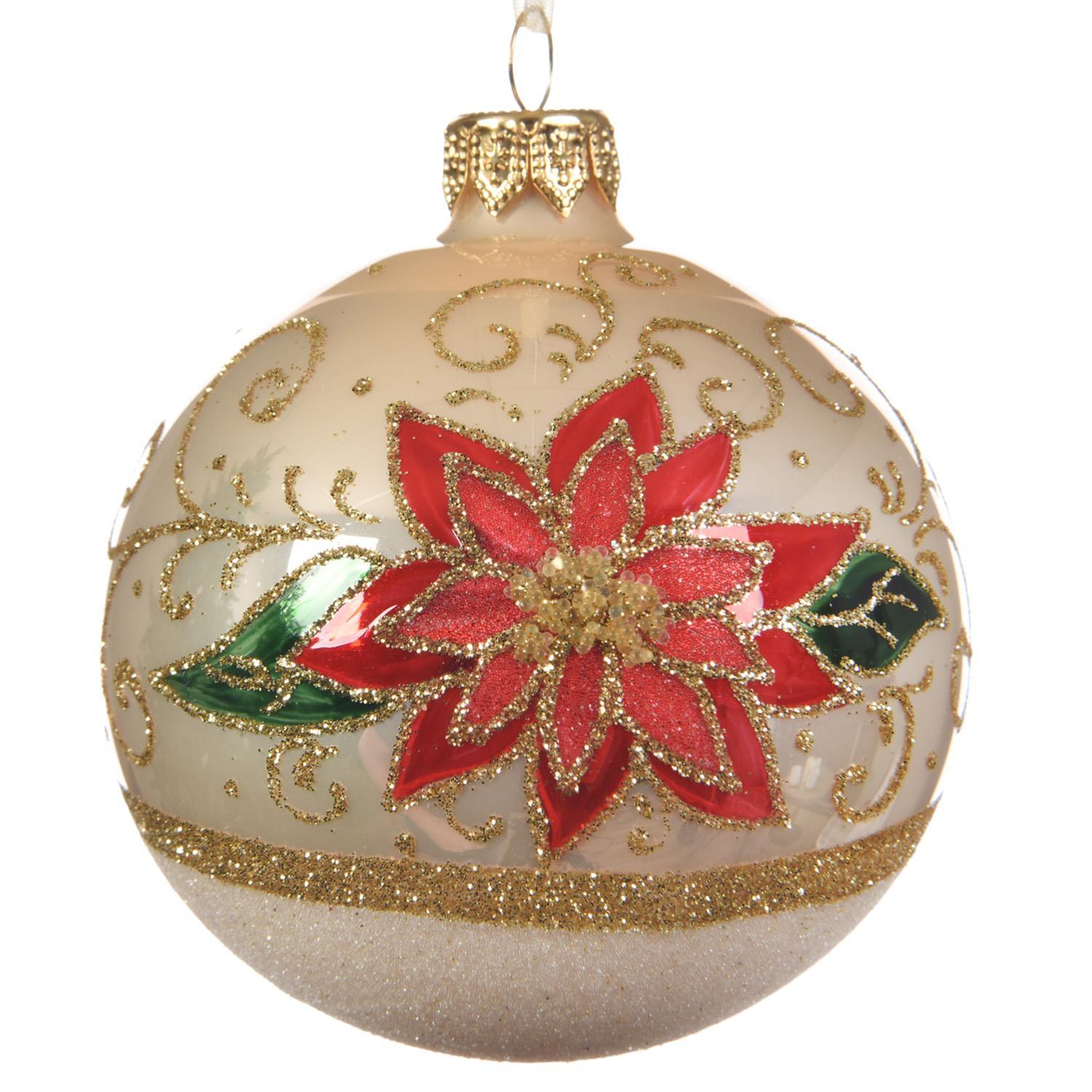 Шар стекло перламутровый с пуансеттией d8см