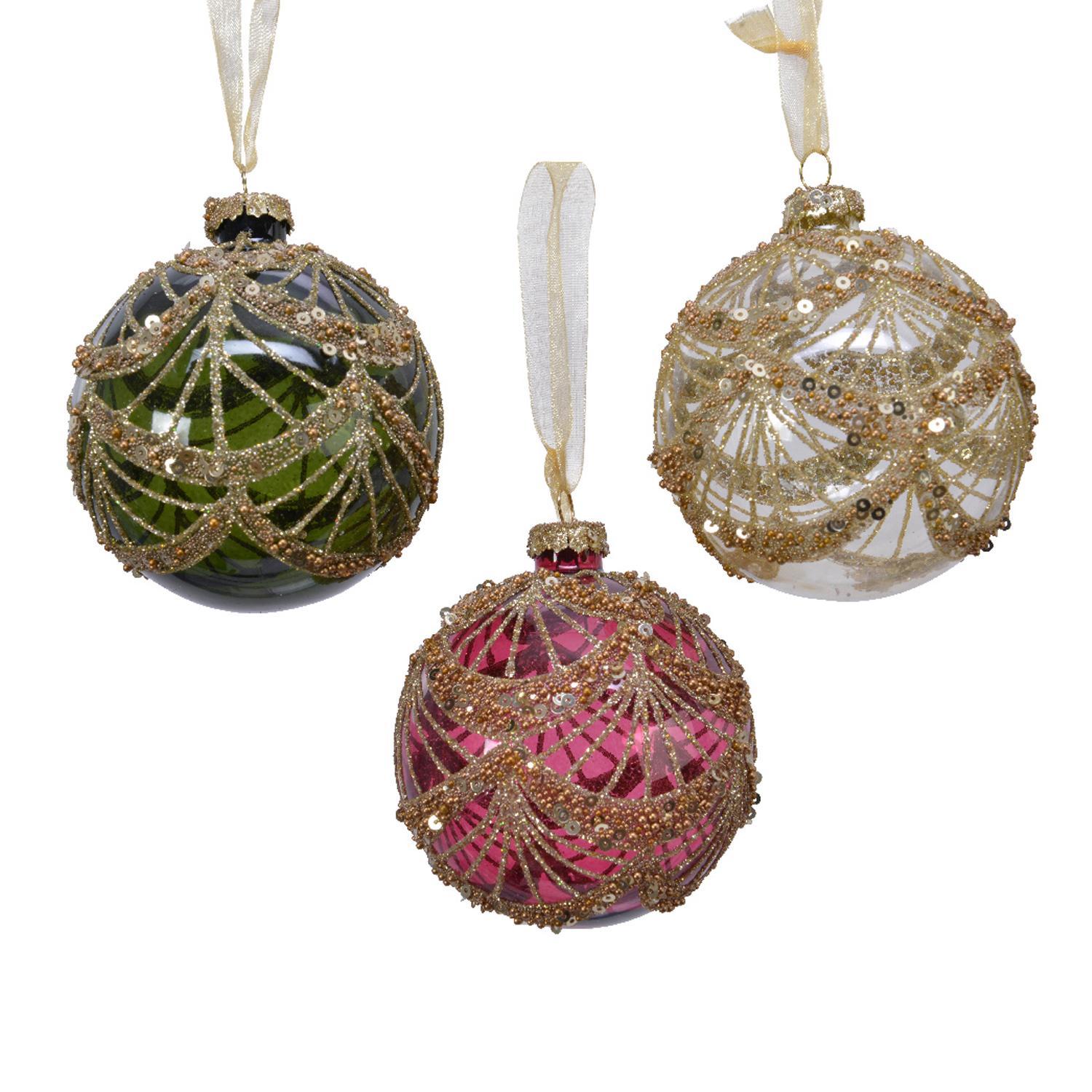 Шар стекло с пайетками и цепочкой d8см 3шт/уп 3 в ассорт