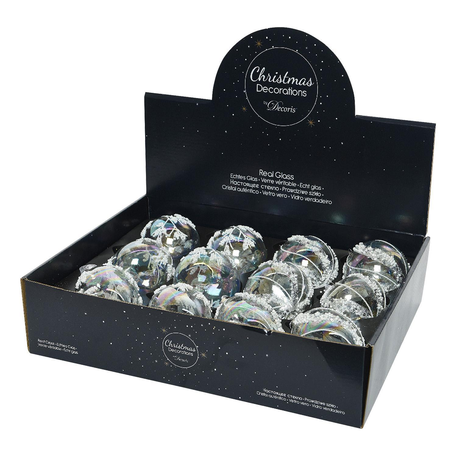 Шар/ Орнамент/ Олива стекло прозрачный с бусинами и пайетками d8см 6 в ассорт