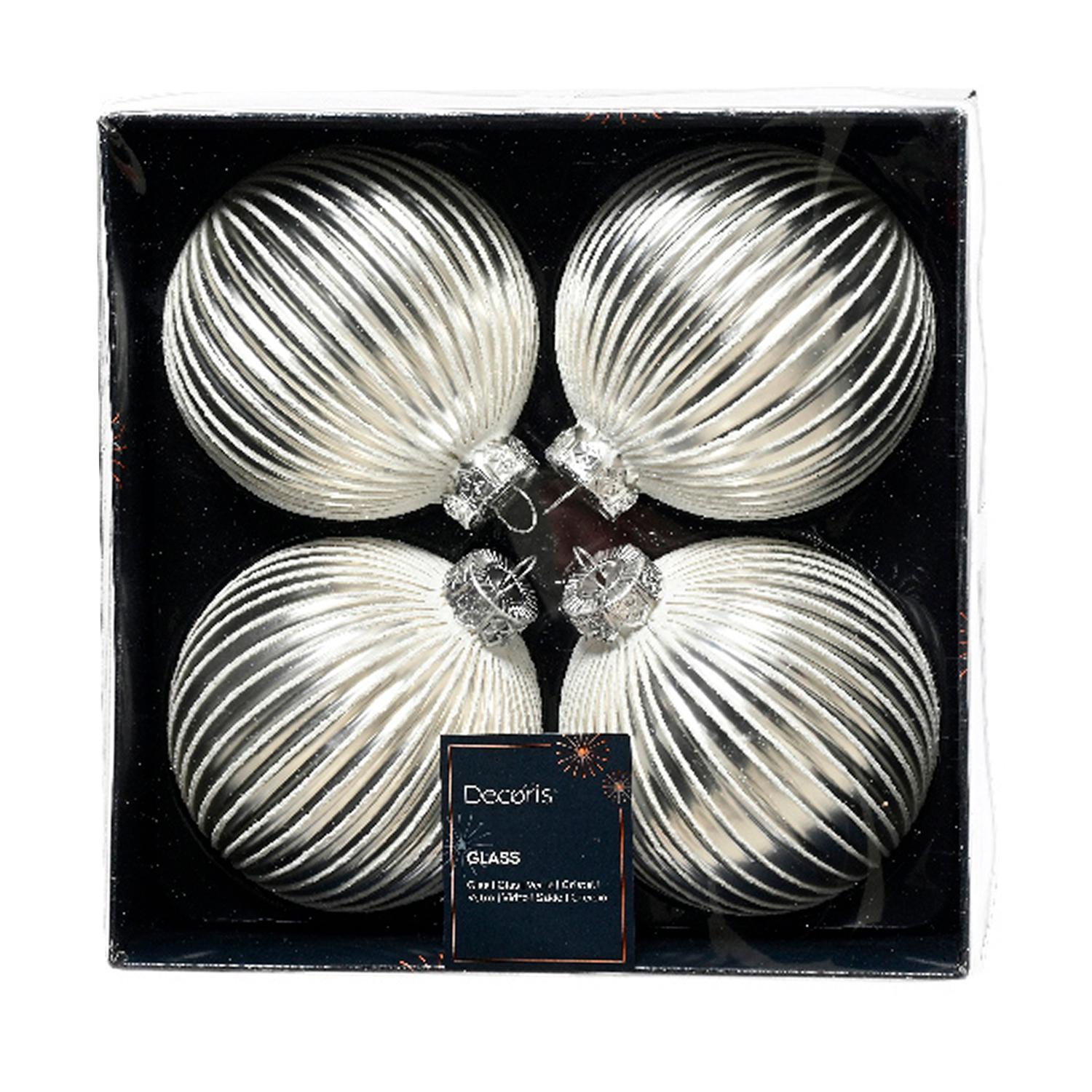 Шар стекло белый глянцевый ребристый с блестками d8см 4шт/уп