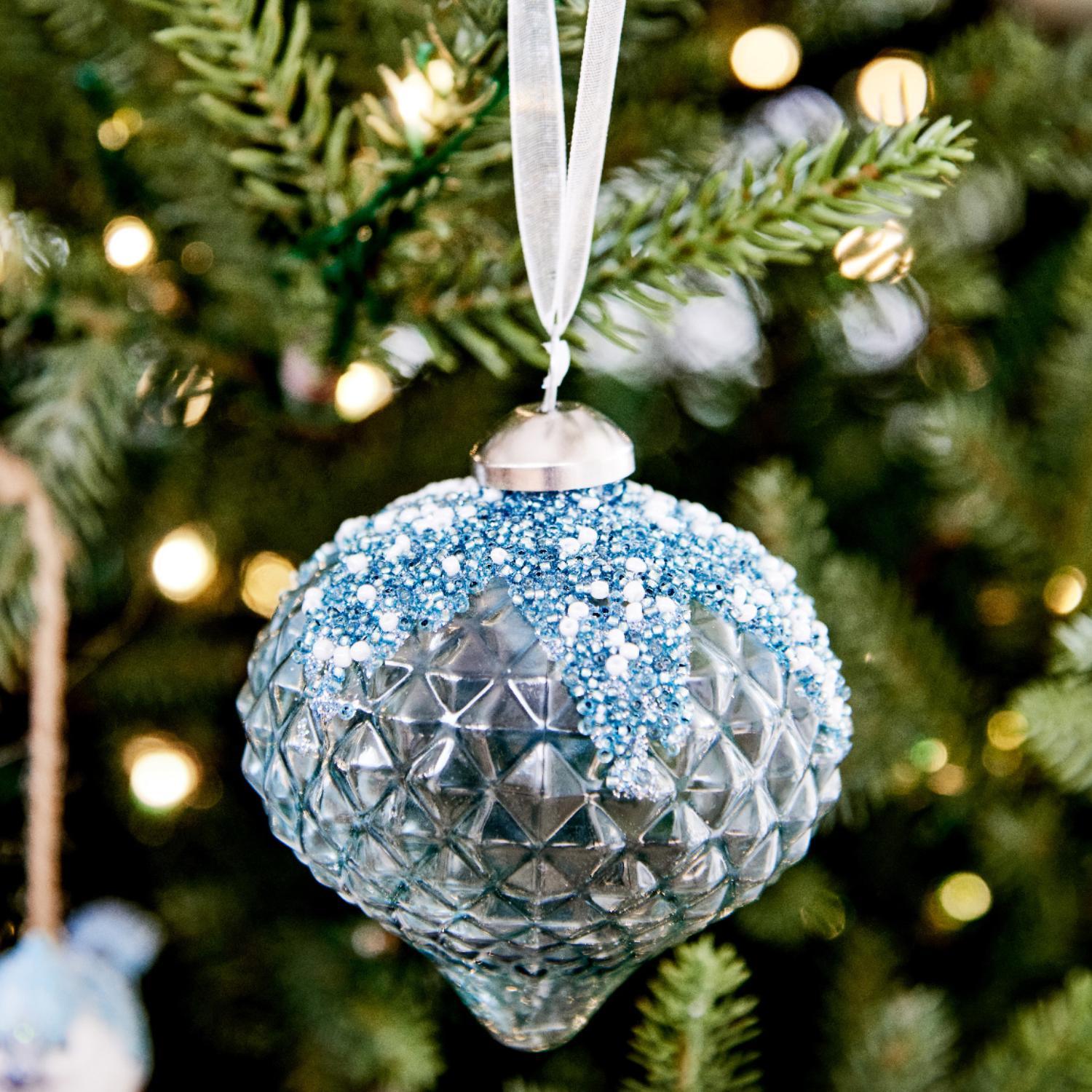 Декор Олива стекло прозрачный d6,5х10,5 с голубым бисером сверху  2шт/уп