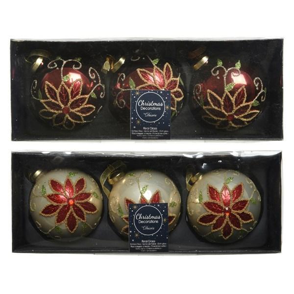 Шар стекло бордовый/золотистый глянцевый с пуансеттией d8см 3 шт/уп 2 в ассорт