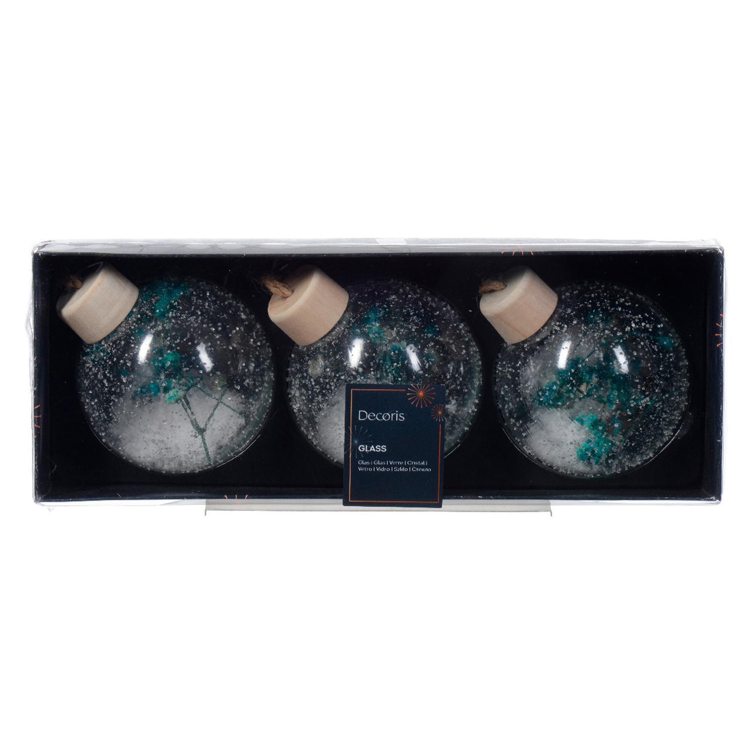 Шар стекло прозрачный с голубыми сухоцветами и снегом внутри d8см 3шт/уп