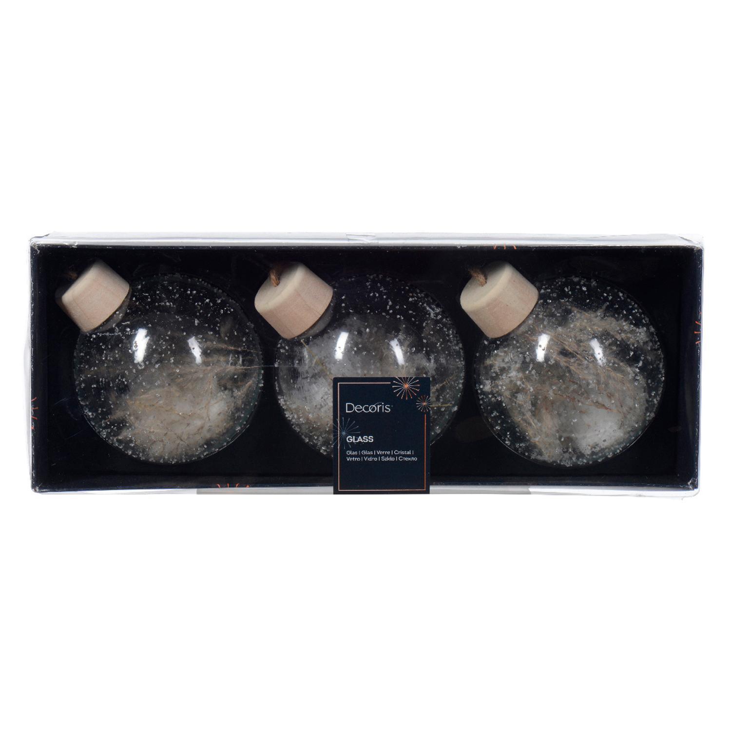 Шар стекло прозрачный с бежевыми сухоцветами и снегом внутри d8см 3шт/уп