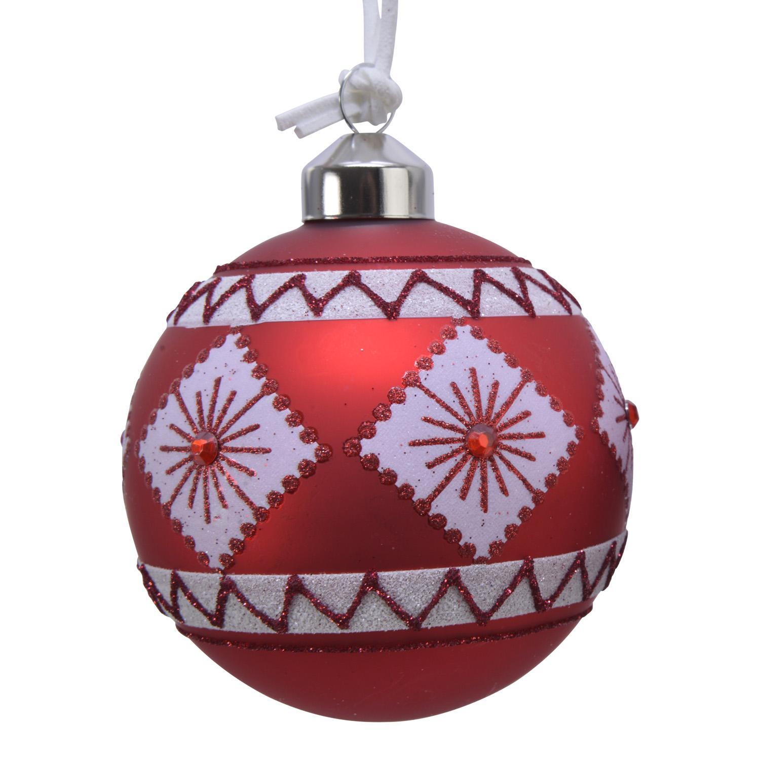 Шар стекло красно-белый с ромбовидным узором d8см 3шт/уп 2 в ассорт