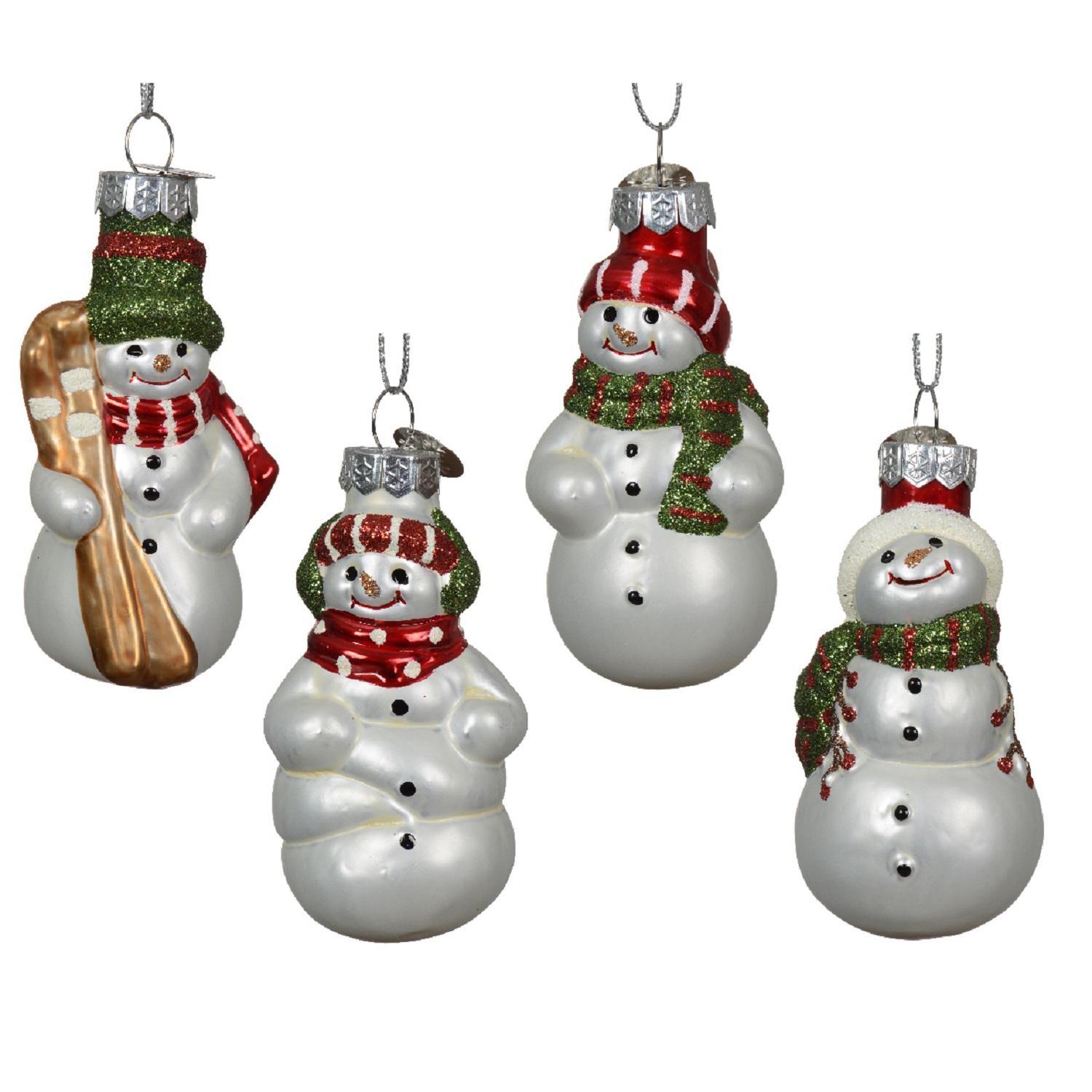 Декор Снеговик стекло белый в красной/зеленой шапке и шарфе 3,5х4,5х7,5см 4 в ассорт