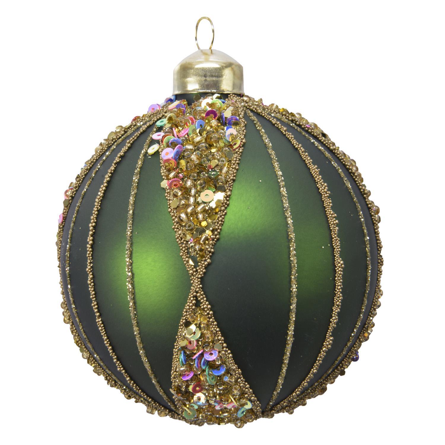 Шар стекло золотой/красный/зеленый с полосками из блесток d8см