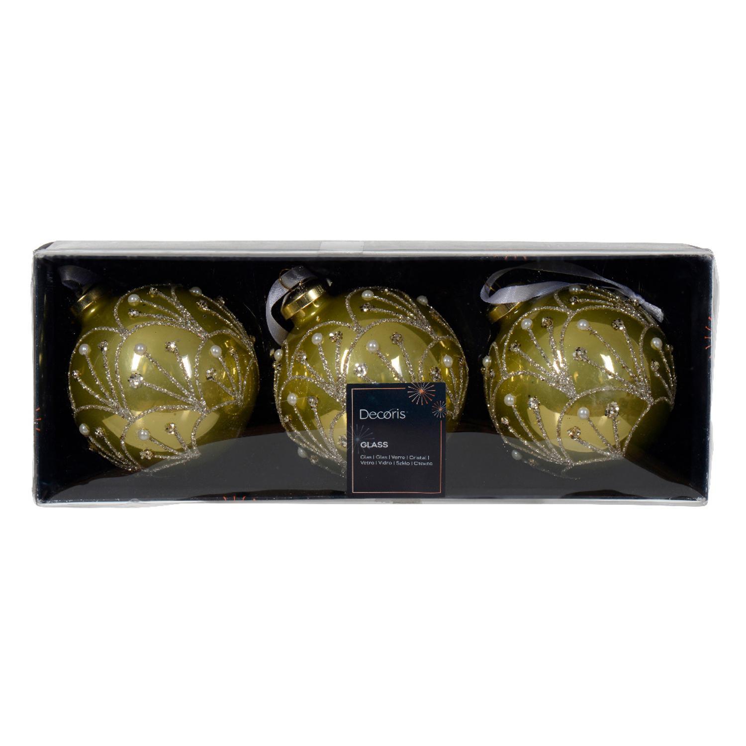 Шар стекло фисташковый эмаль с бусинками и пайетками d8см 3шт/уп