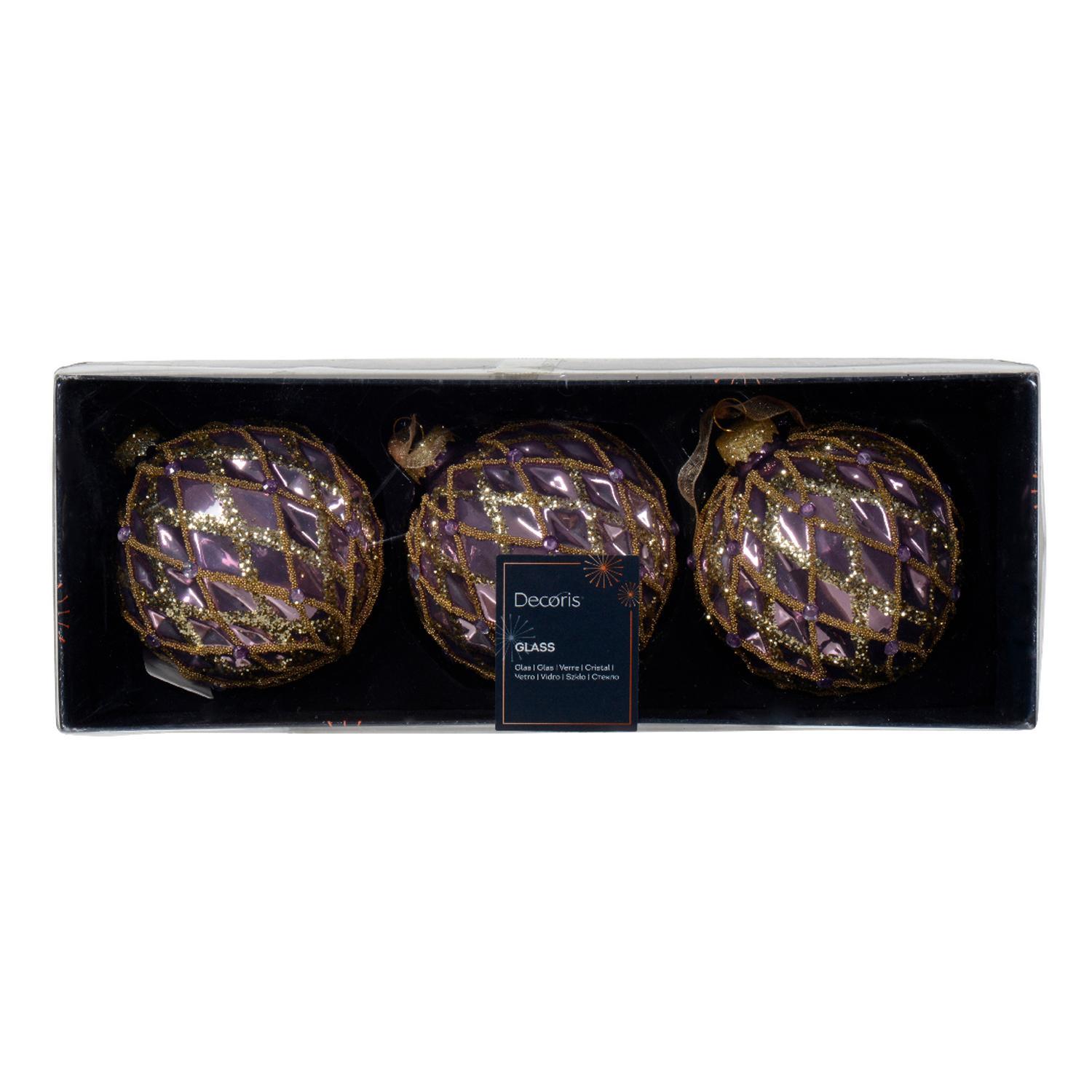 Шар стекло лиловый эмаль с бусинками и блестками в золотистую клетку d8см 3шт/уп