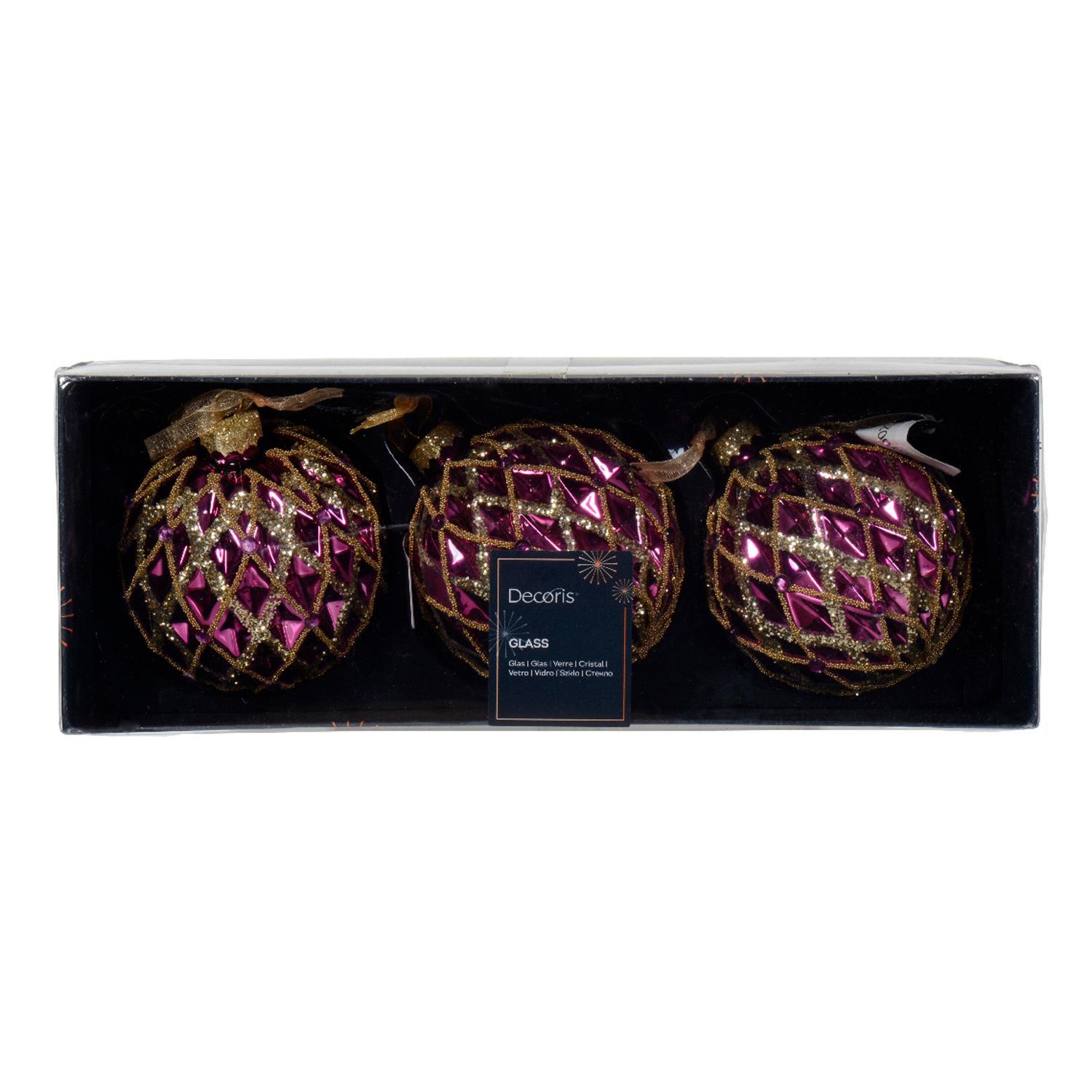 Шар стекло фиолетовый эмаль с бусинками и блестками в золотистую клетку d8см 3шт/уп