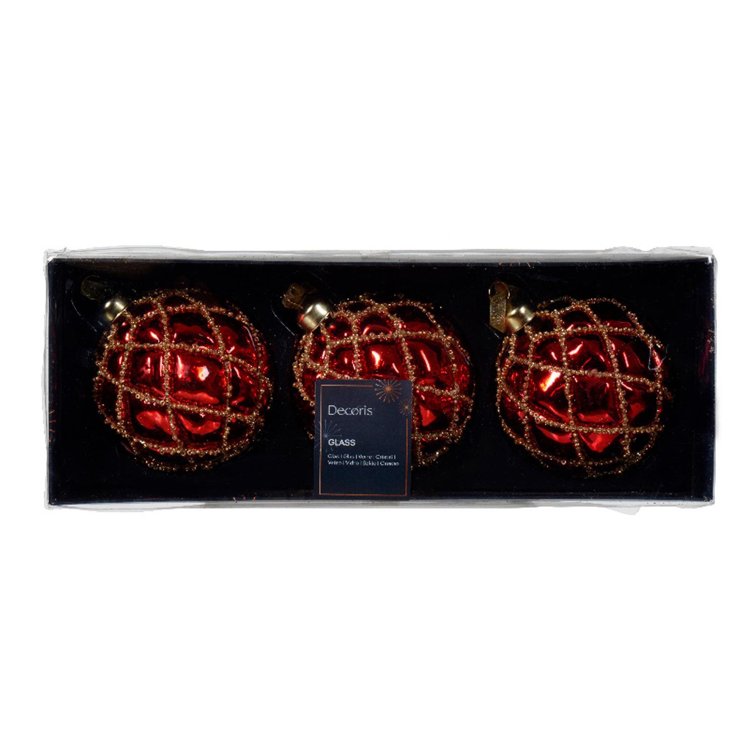 Шар стекло красный с бусинками в золотистую клетку d8см 3шт/уп