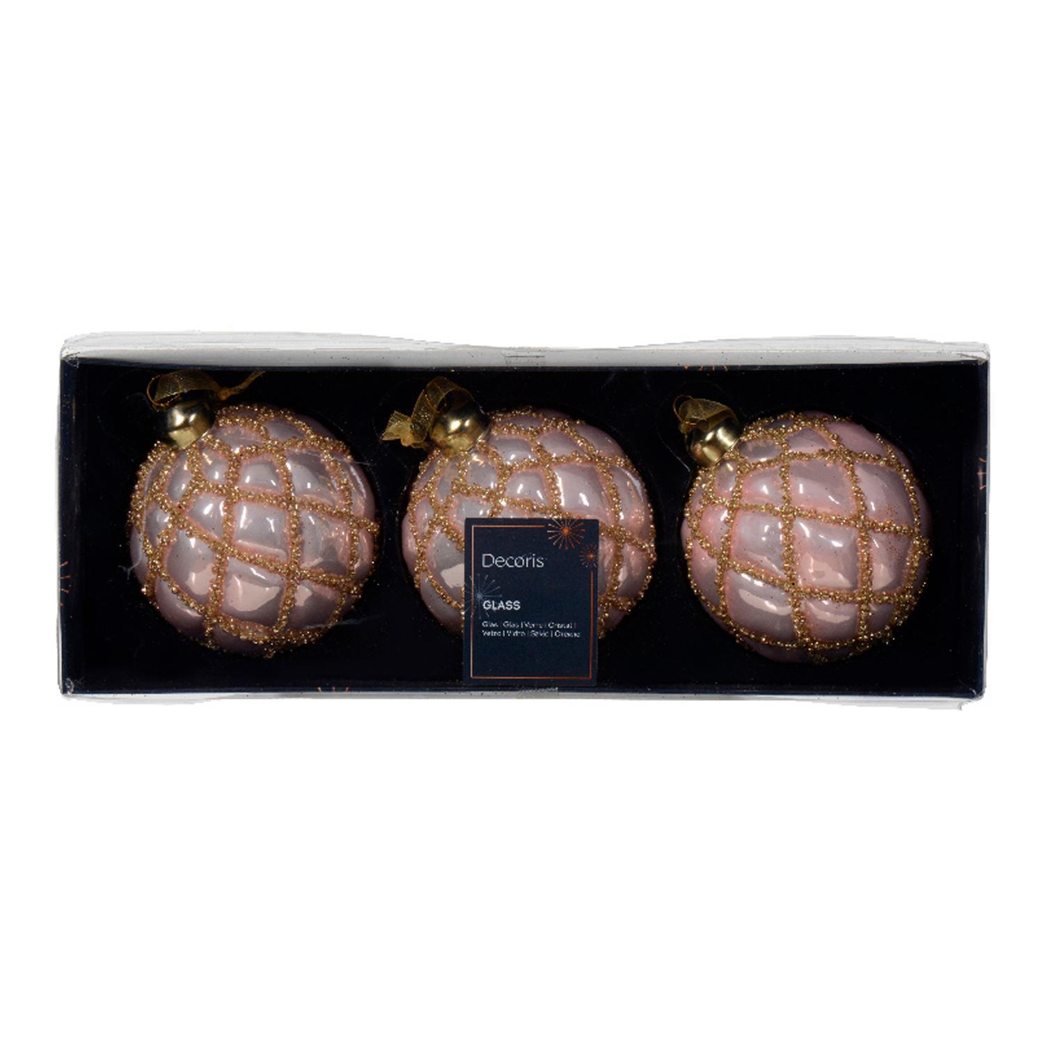 Шар стекло розовый эмаль с бусинками в золотистую клетку d8см 3шт/уп