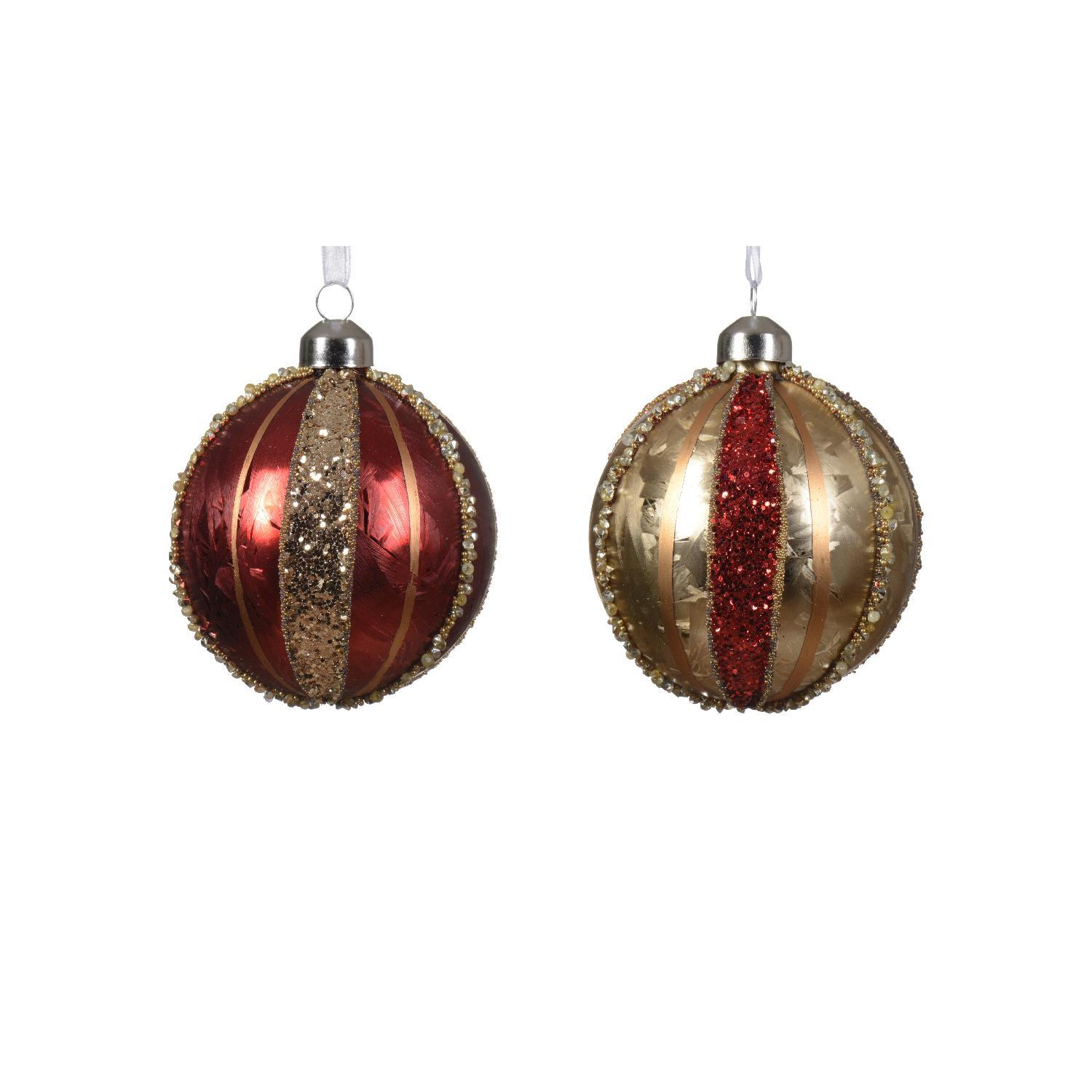 Шар стекло красный/золотой матовый эмаль с золотыми/красными полосками d8см 3шт/уп