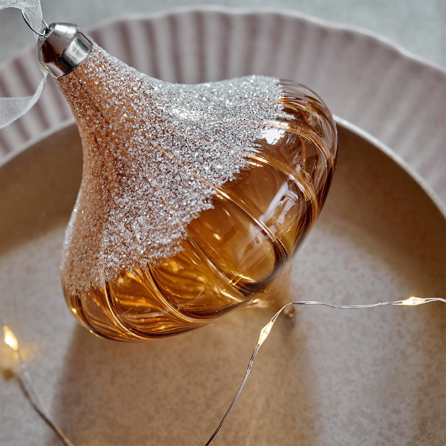 Декор Луковица стекло прозрачная янтарная мрамор с блестками d10х12см