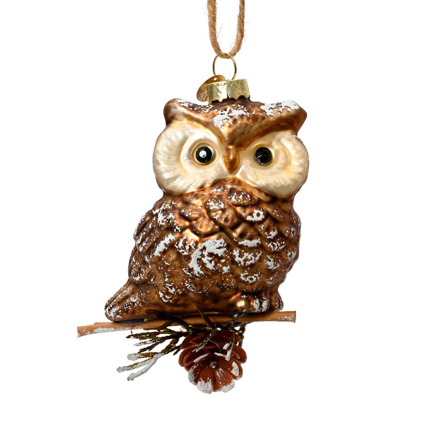 Декор Сова на сосновой ветке стекло золотисто-коричневая d8,5х10см