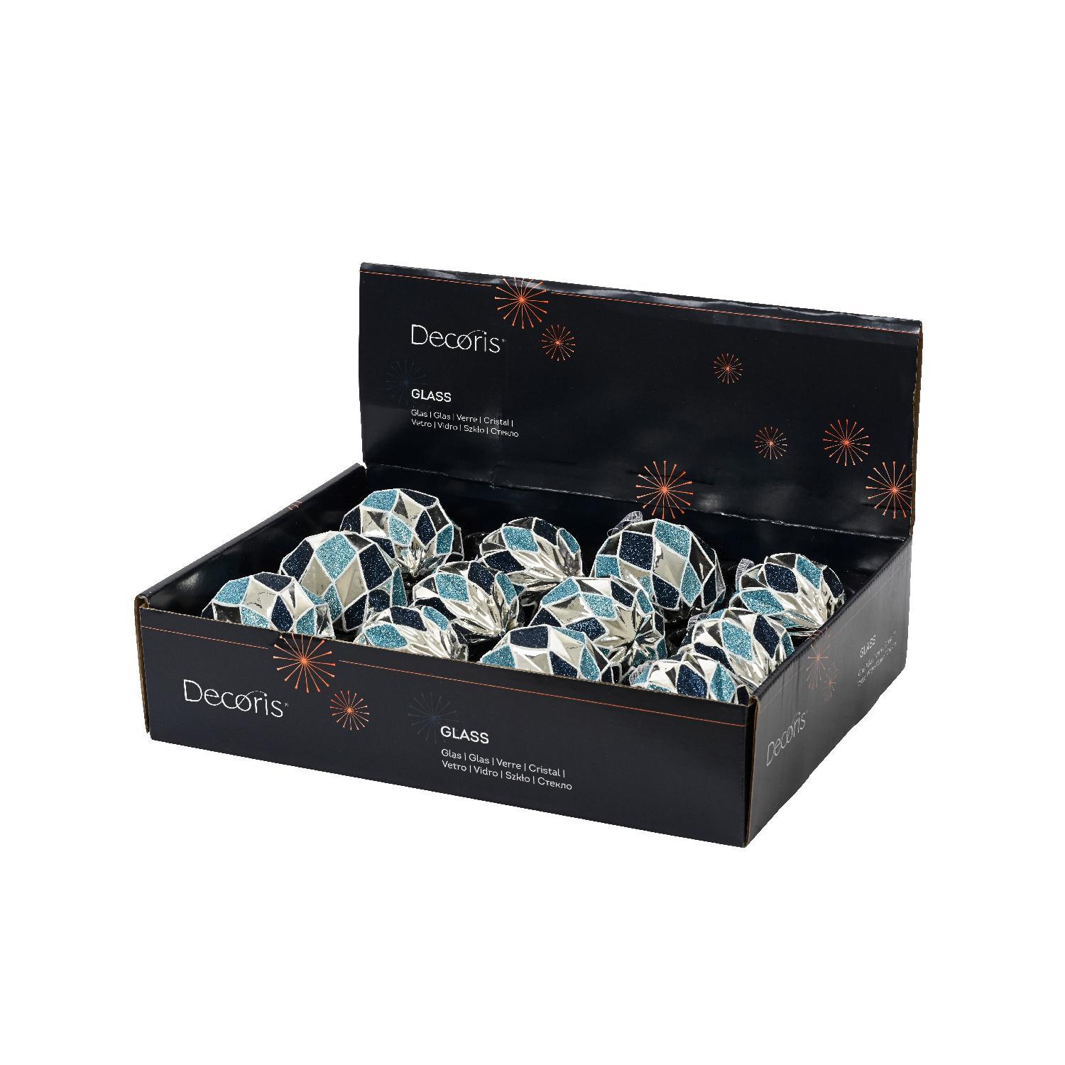 Шар стекло с голубыми/серебристыми/синими ромбами с белыми линиями d8см