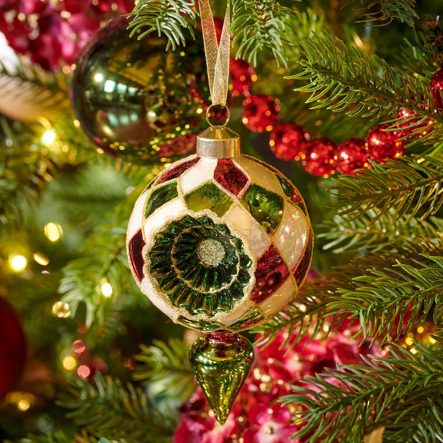 Декор Подвеска стекло перламутровая эмаль в зеленую/красную клетку d7,5х13,5см 2 в ассорт