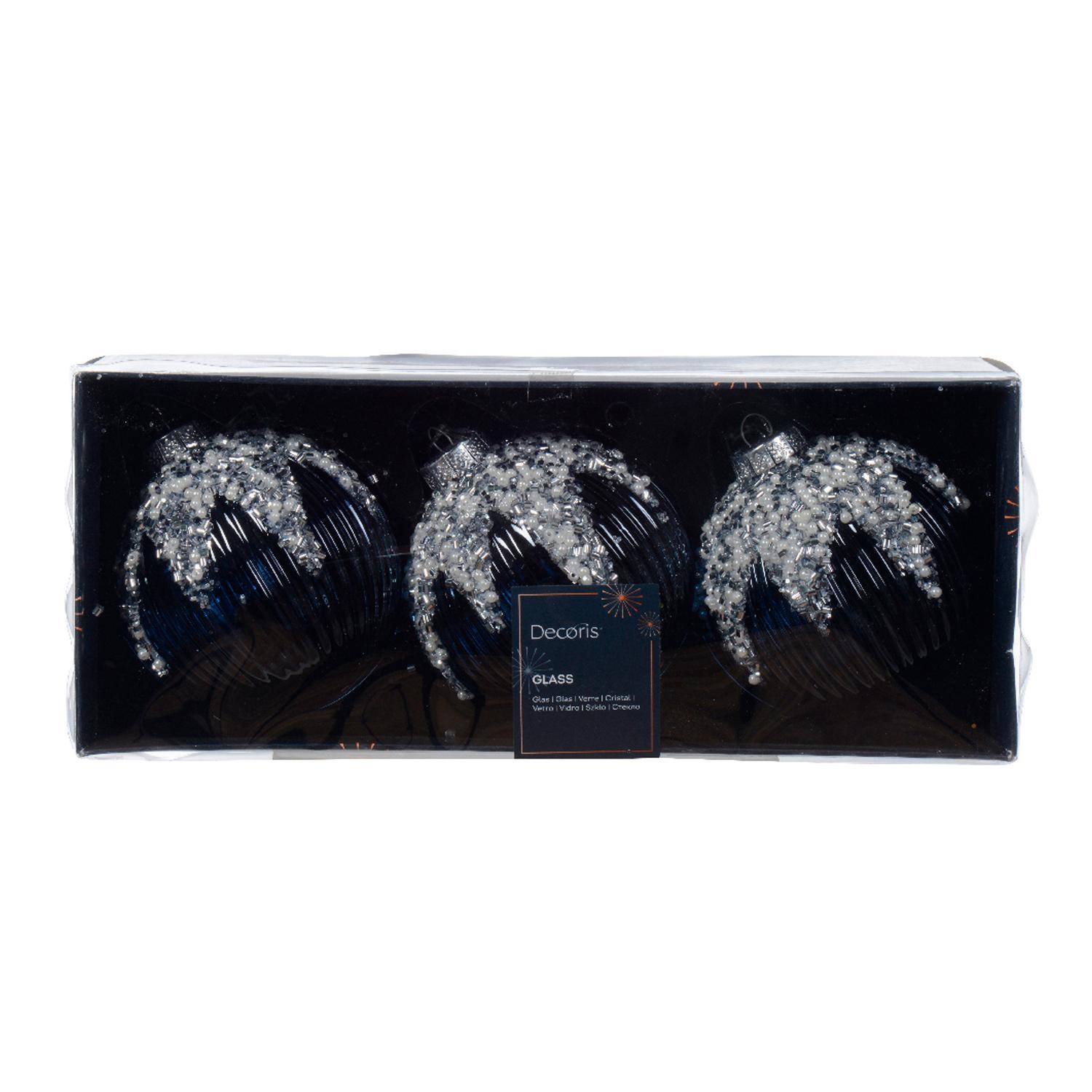 Шар стекло прозрачный голубой с белым бисером и серебристыми пайетками d8см 3шт/уп