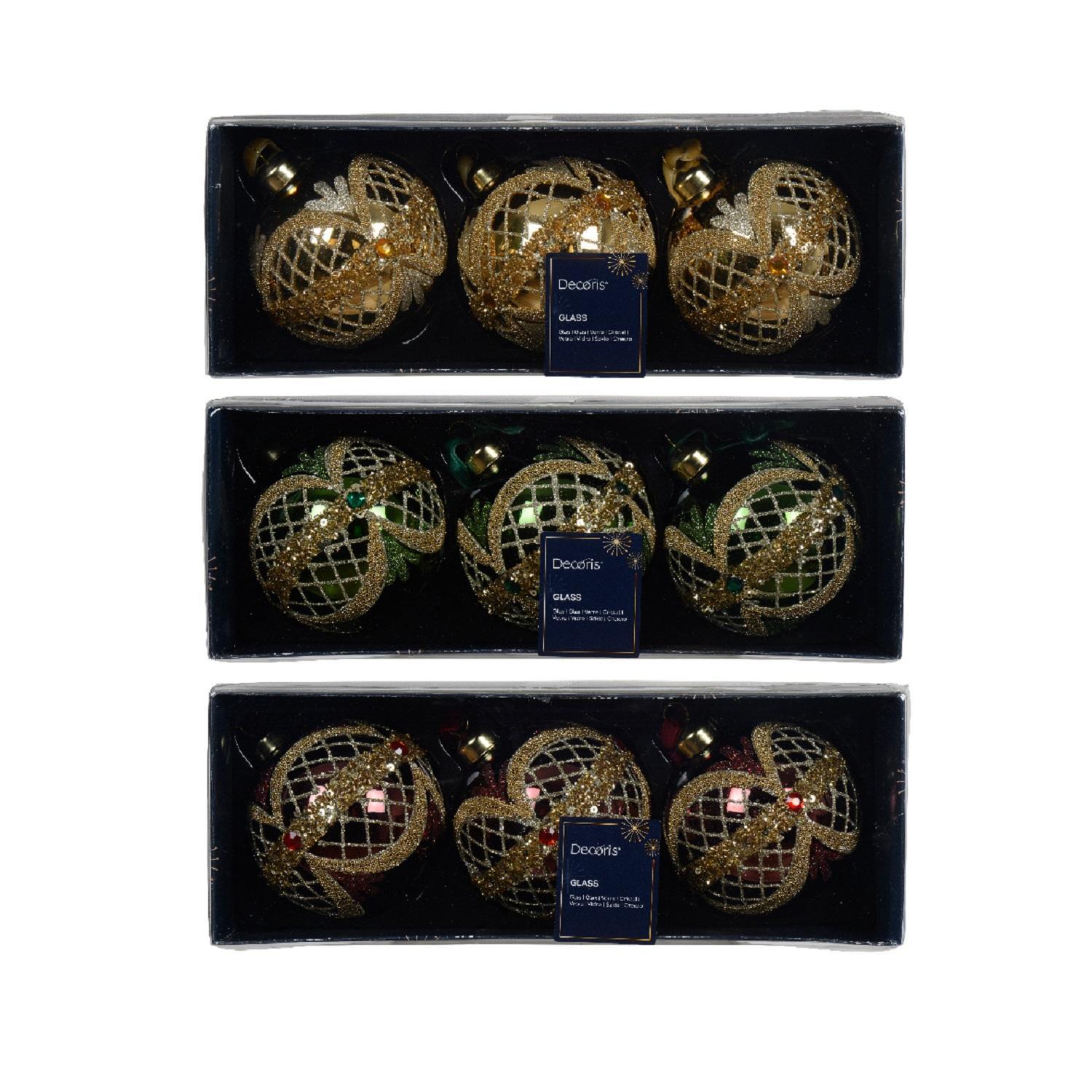 Шар стекло красный/зеленый/золотой с золотистым декором  3шт/уп d8см 3 в ассорт