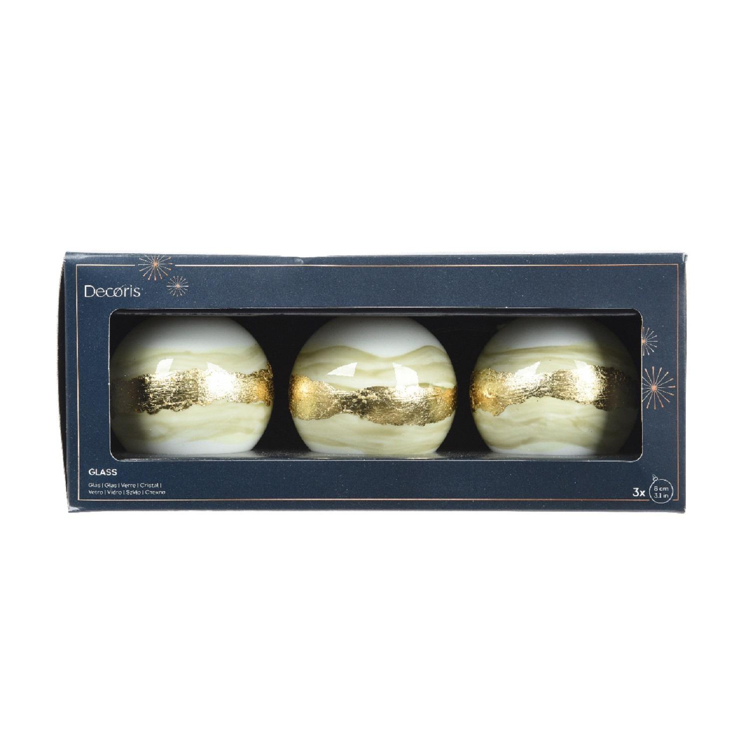 Шар стекло белый с золотистой линией d8см 3шт/уп
