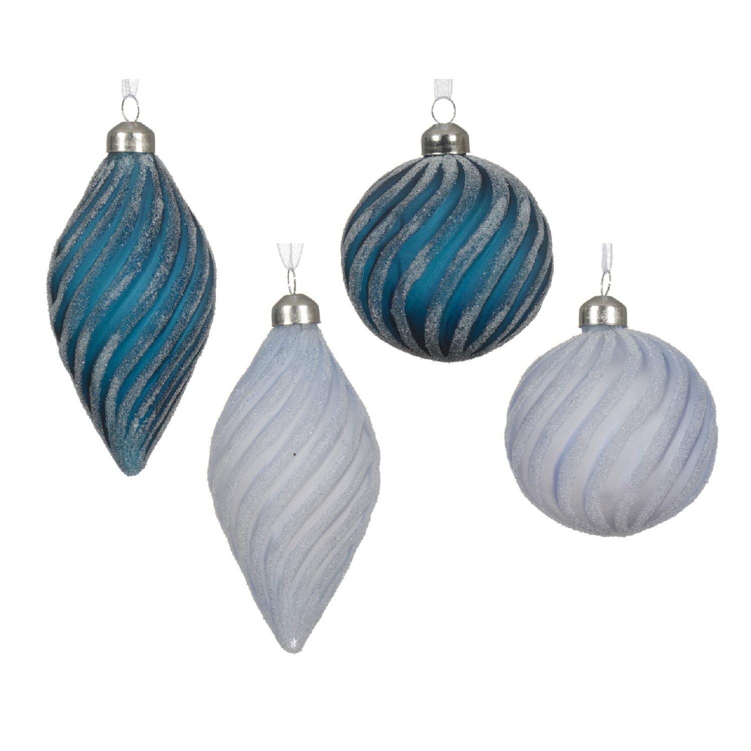 Декор Конус/Шар стекло со снегом и завитками голубой/бирюза d8см 4 в ассорт