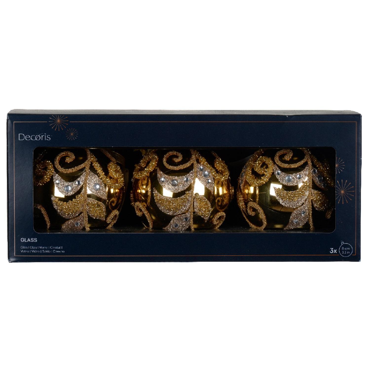 Шар стекло золотой с завитками и стразами d8см 3шт/уп