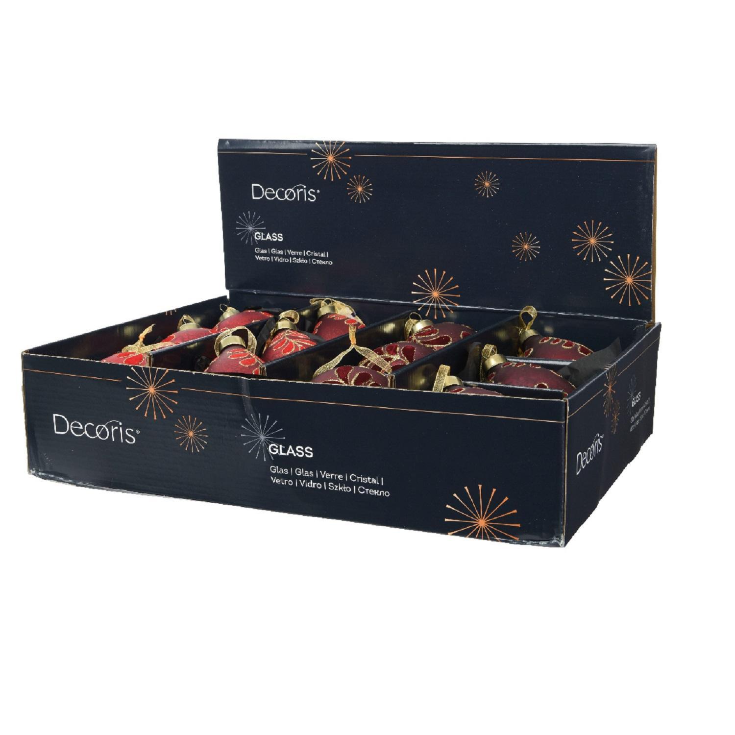 Шар/ Олива стекло красная/бордовая с бархатными листьями d8см 4 в ассорт