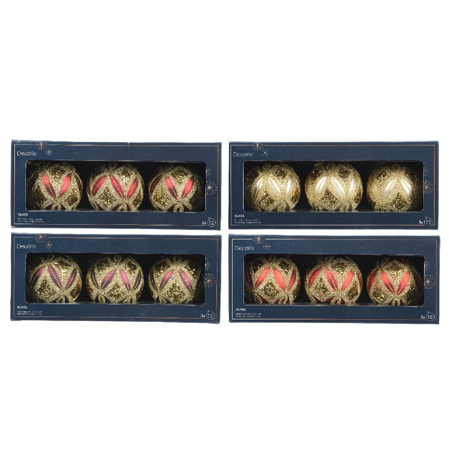 Шар стекло бордовый/красный/перламутровый/фиолетовый с золотистым узором и паетками d8см 3шт/уп 4 в ассорт