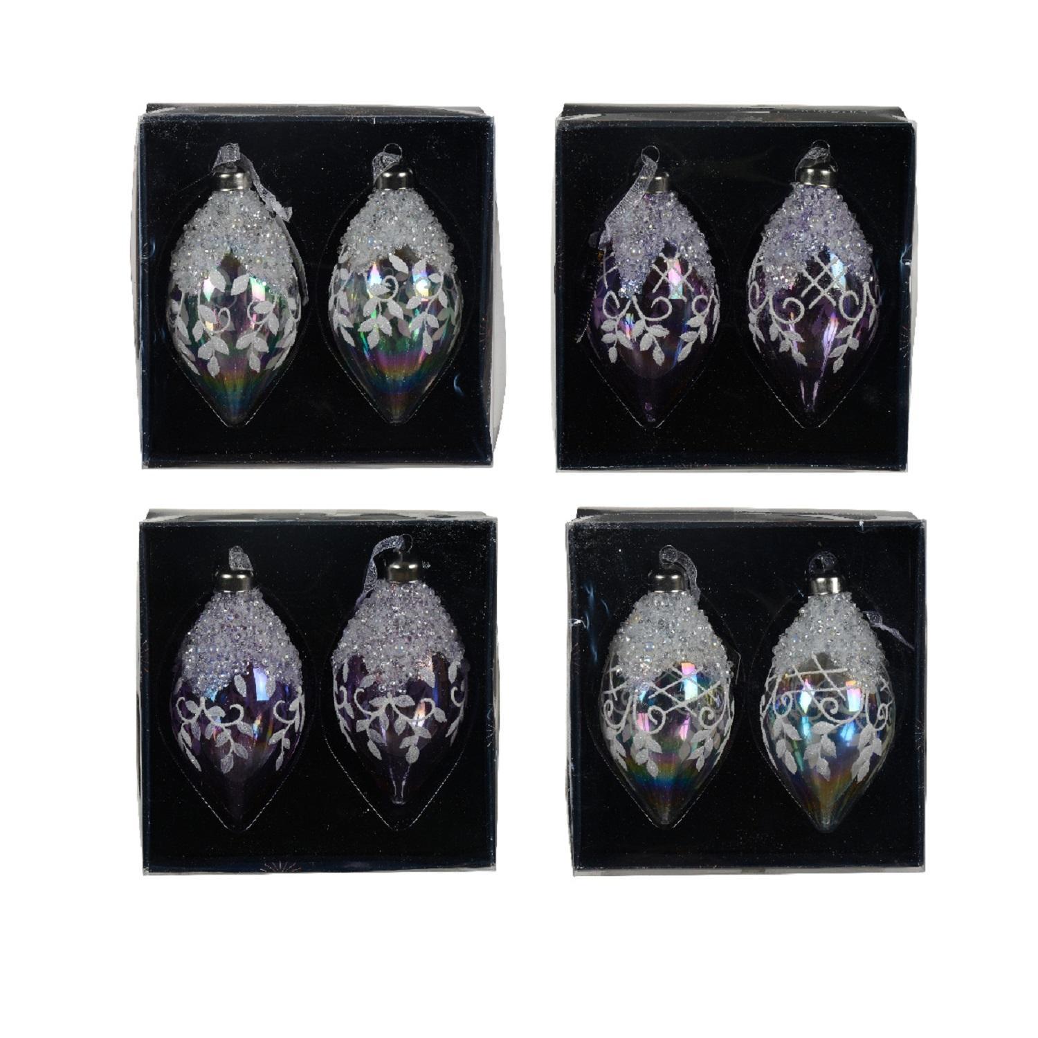 Декор Олива стекло прозрачная ирис с узорами и блестками 6,5х12см 2шт/уп 4 в ассорт