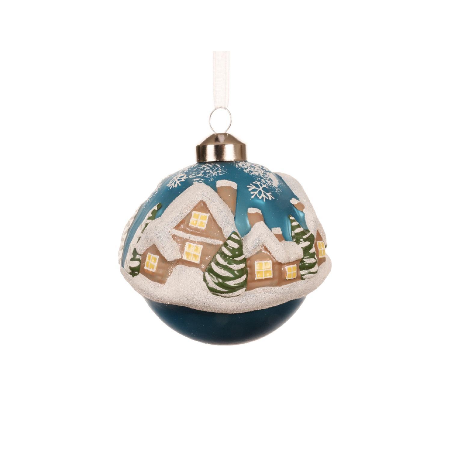 Шар стекло синий в форме домика со снегом d8см