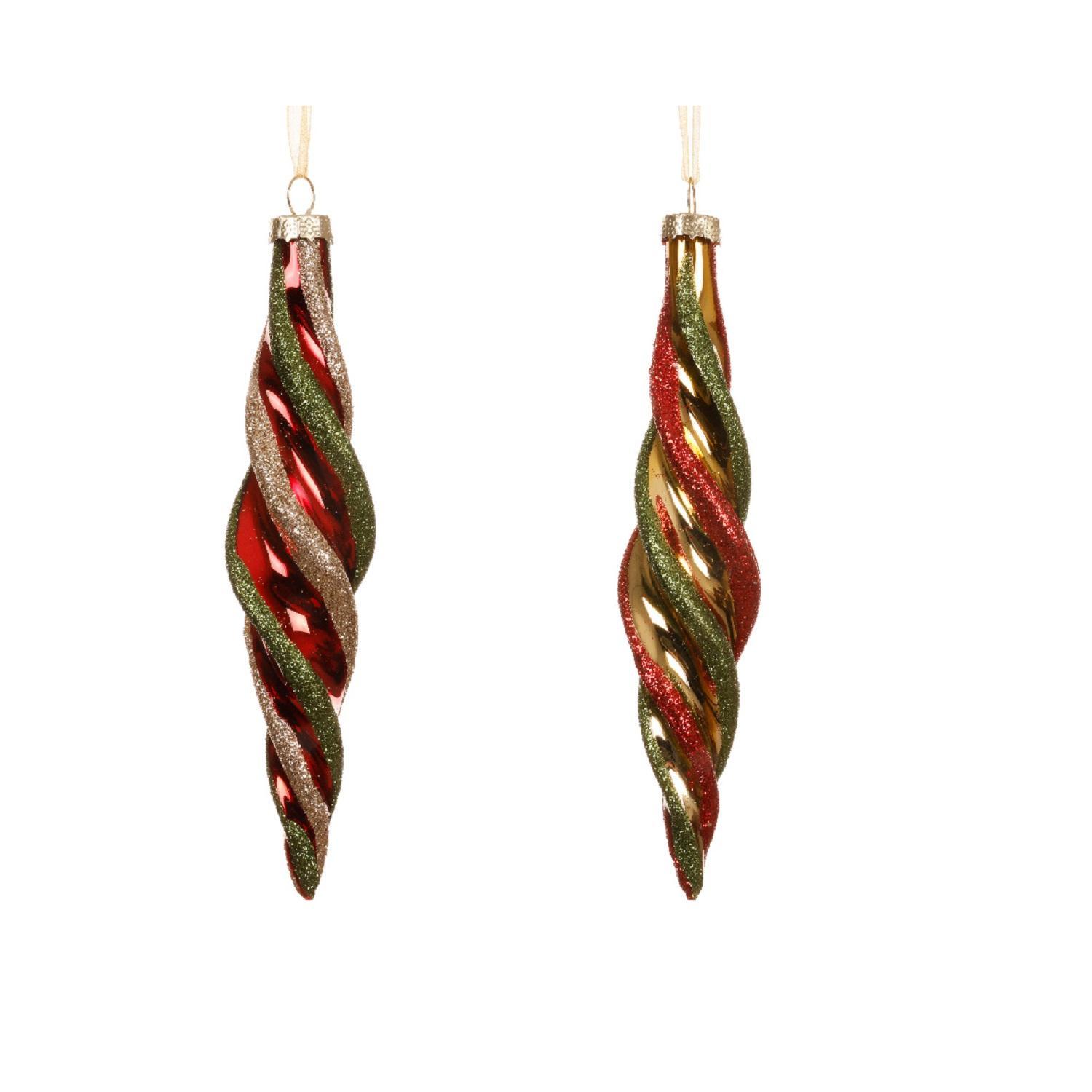 Декор Сосулька стекло золотая с красными/зелеными завитками 16см 2 в ассорт