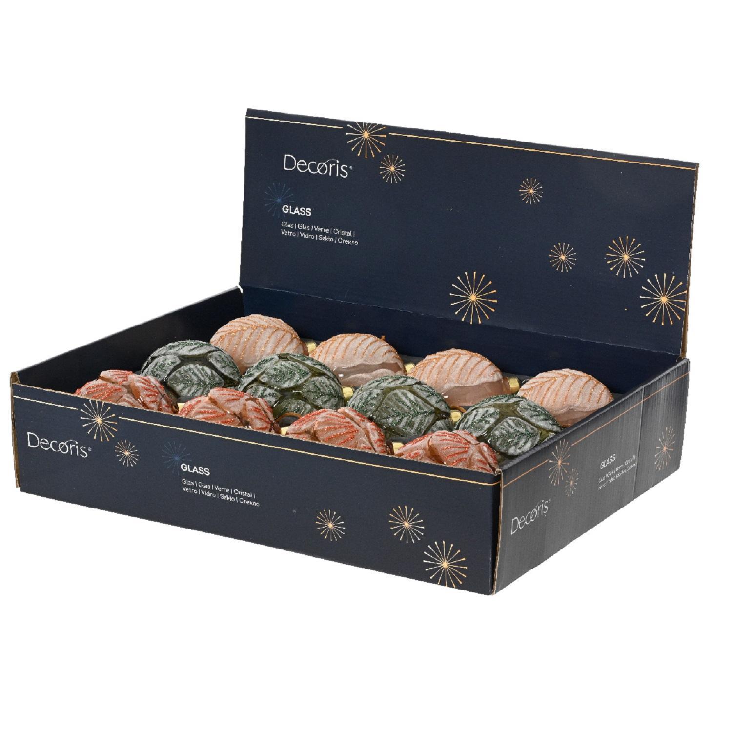 Шар стекло зеленый/бренди/персиковый с гравировкой листьев d8см 3 в ассорт