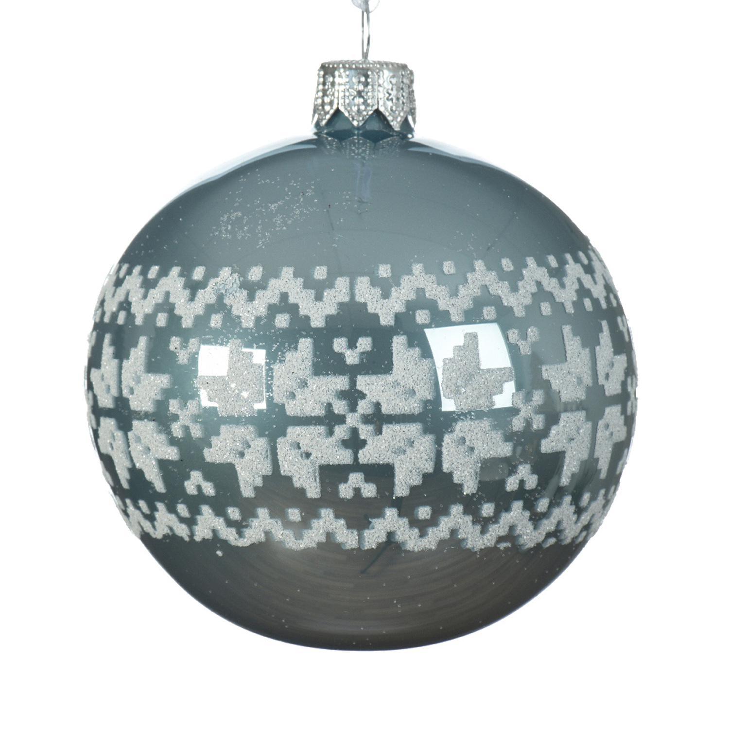 Шар стекло голубой со скандинавским рисунком d8см