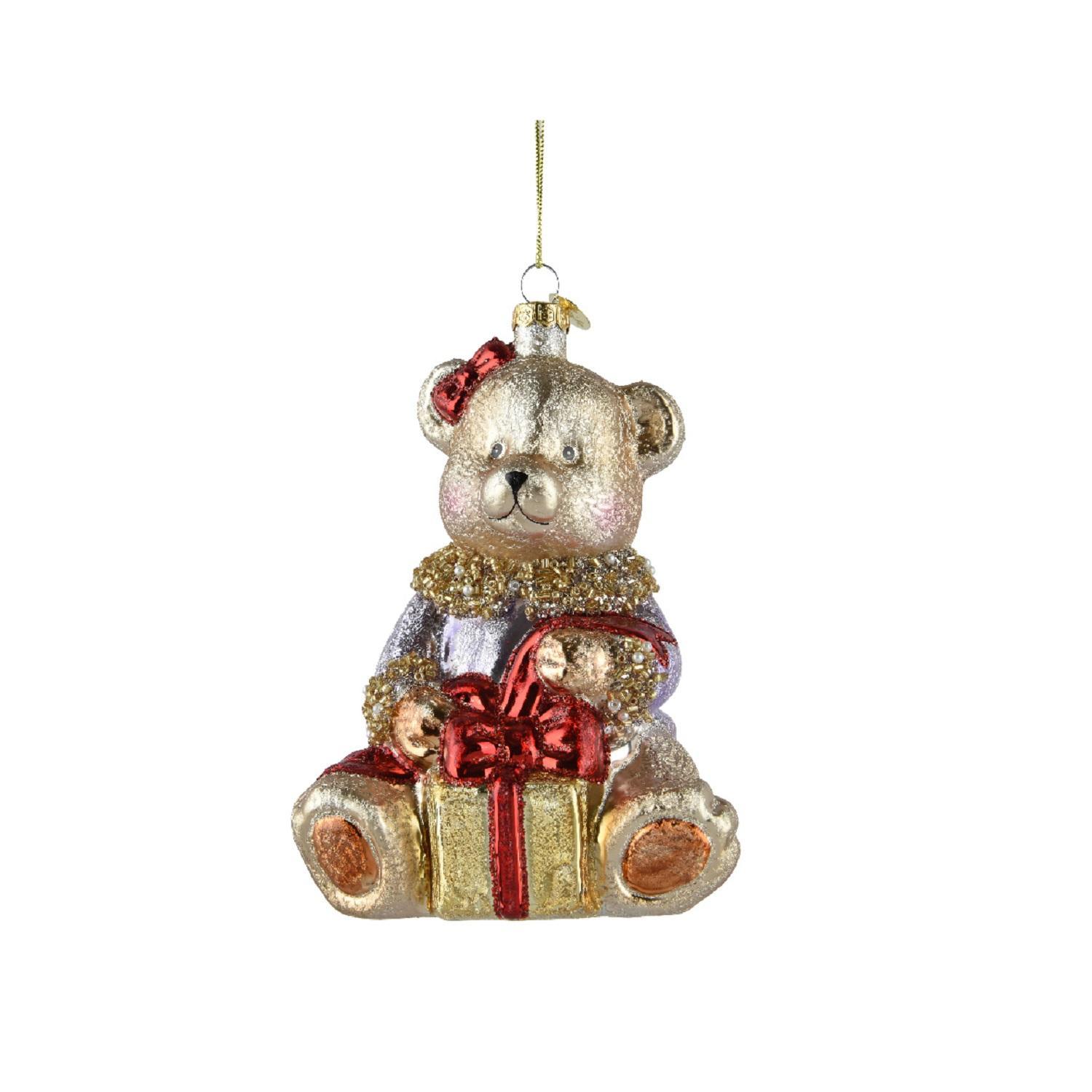 Декор Медведь с подарком стекло 13,5х9,8см