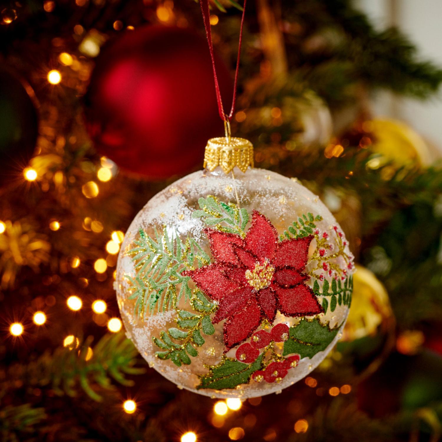 Шар стекло Пуансеттия красная с ягодами и листьями прозрачный заснеженный d8см