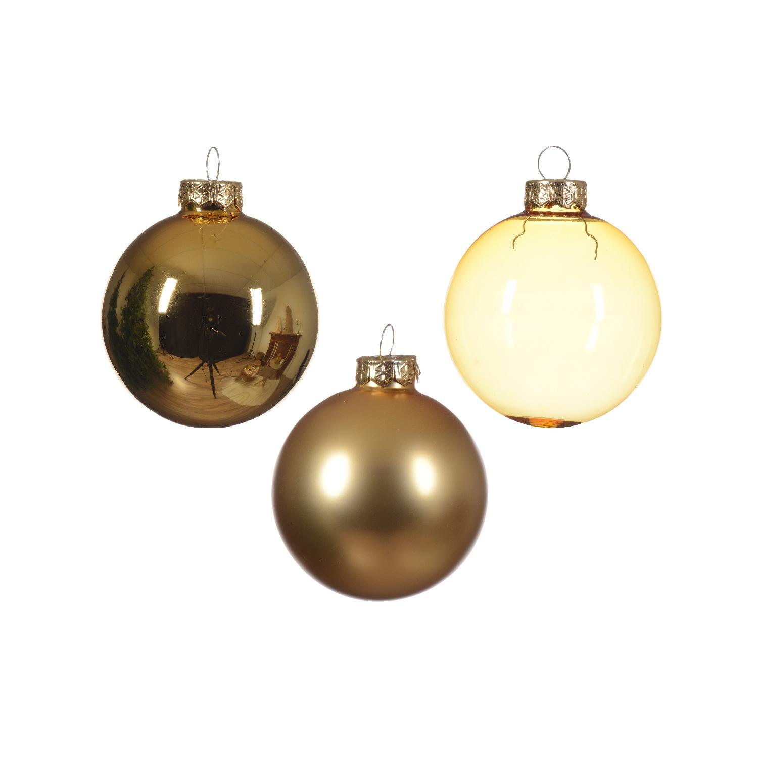 Шар стекло золотистый глянцевый/матовый/прозрачный d5/6/7см  21шт/уп