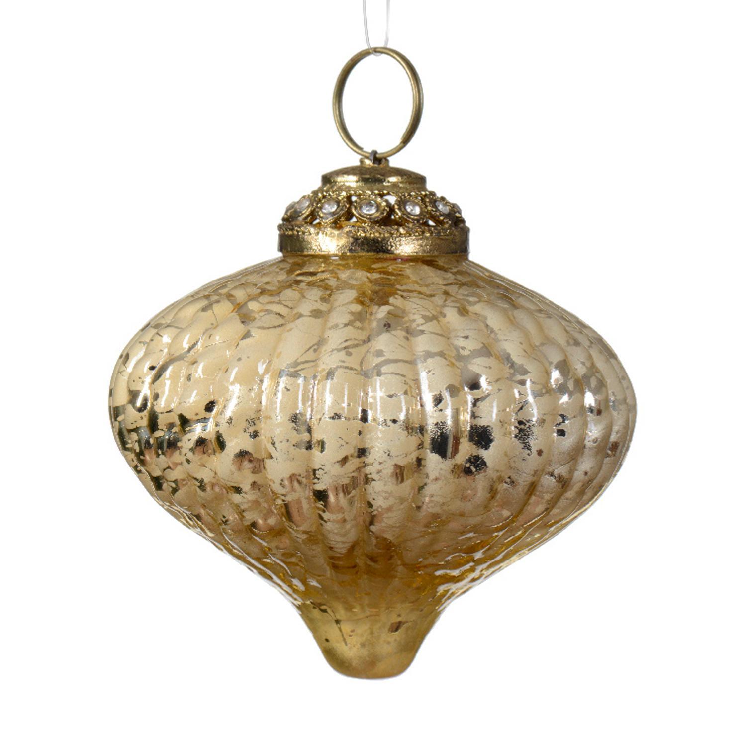 Декор Подвеска Луковица стекло золотистая со стразами под старину d8х8см