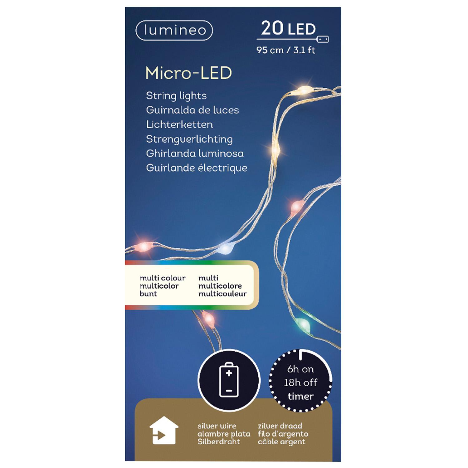 Гирлянда нить     1м разноцветная  3 батарейки АА 6ч таймер 20диодов LED MICRO indoor