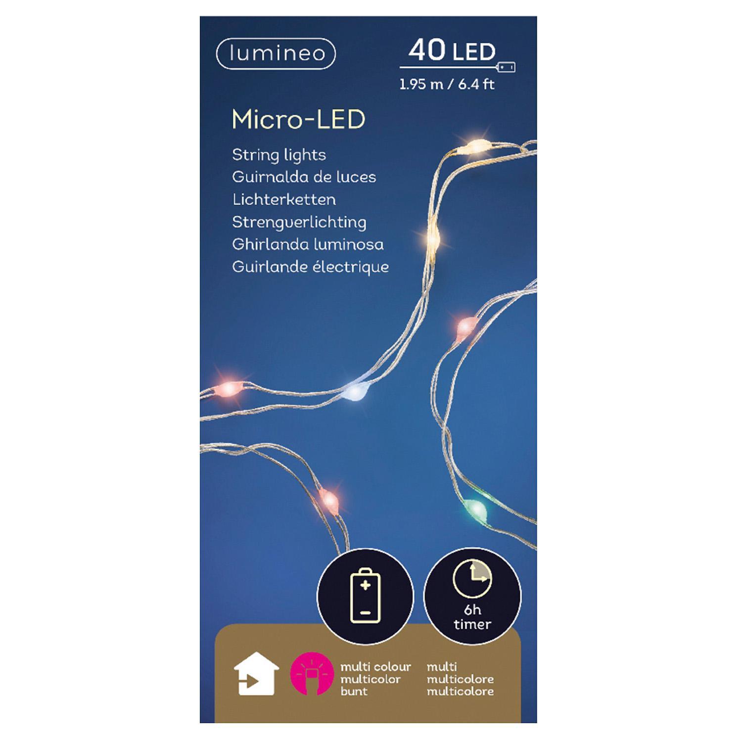 Гирлянда нить    1,95м разноцветная  3 батарейки АА 6ч таймер 40диодов LED MICRO indoor