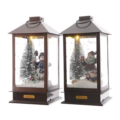 Фонарь металл/стекло Снеговик/Дед Мороз 38см теплобелый музыкальный 3 батарейки АА LED indoor 2 в ассорт